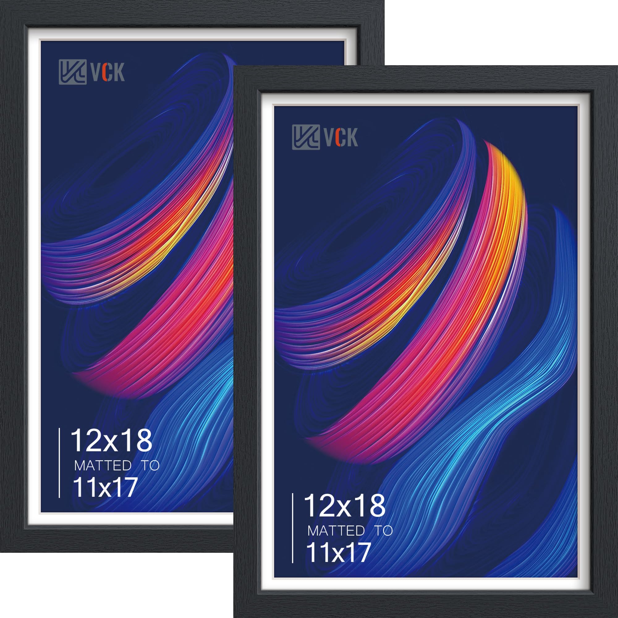 VCK 12x18 Frame 2 Pack, Black Wood, 11x17 Mat, Glass, for Poster Prints