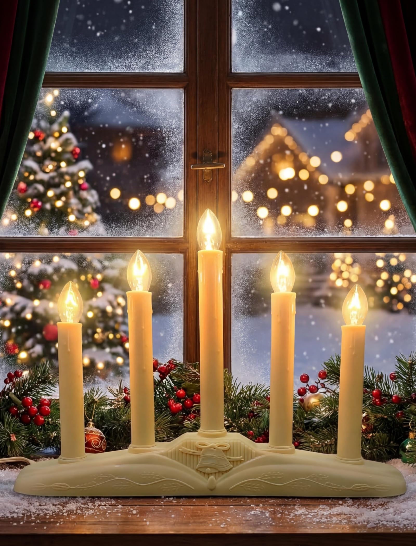 Window Candles for Christmas, Battery Operated or Electric LED Flameless Taper Candlesticks with Timer and Sensor for Holiday Home Window Decoration, Ivory Base, 5-Light Set