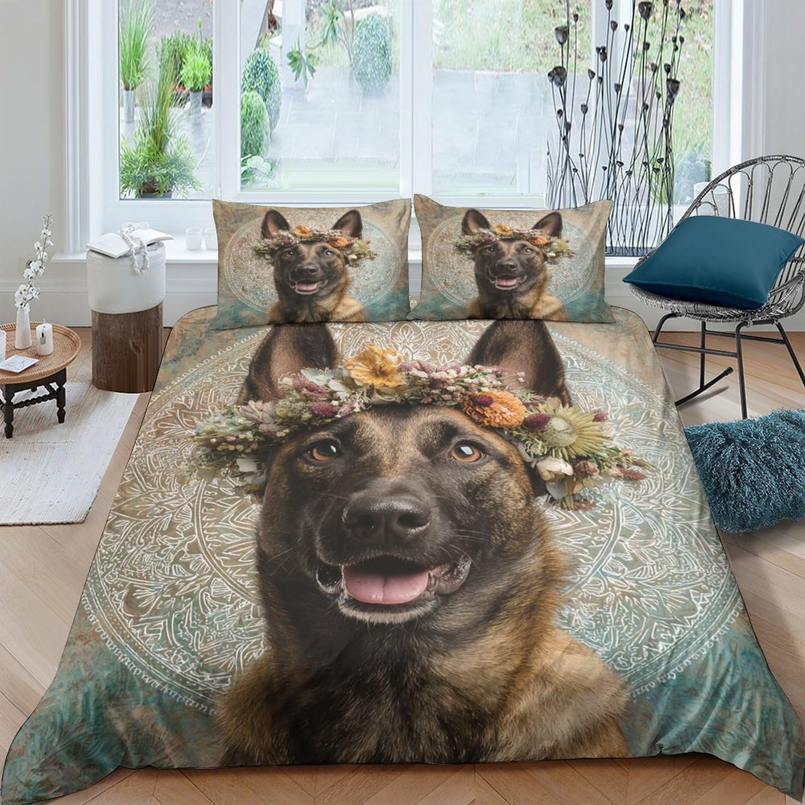 TUFRTGYHN 3D Printed German Shepherd Flower Crown Duvet Cover Microfiber Soft Bedding Set with 2 Pillowcases for Bedroom Decor, Single（135x200cm）