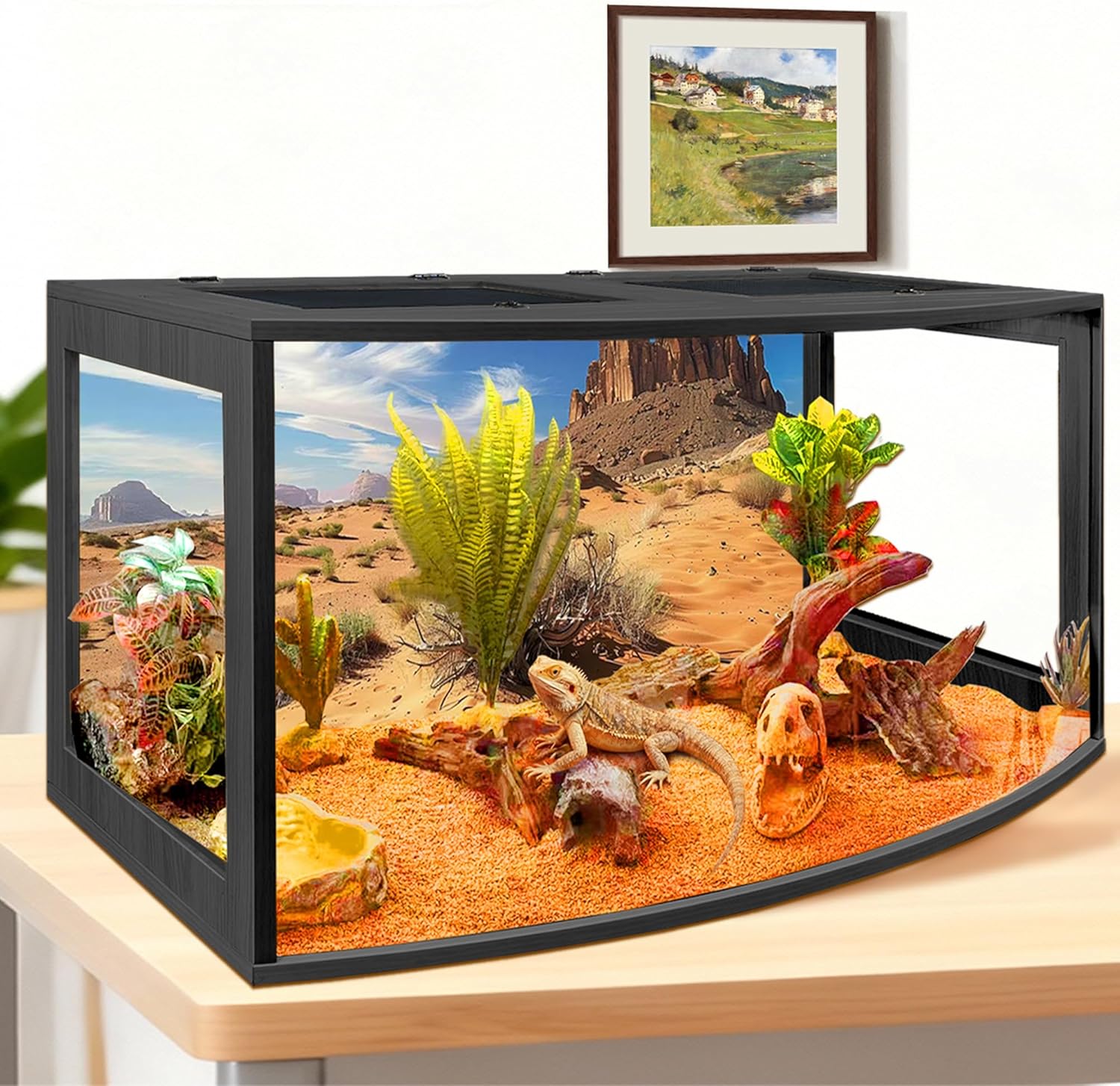 PROLEE Bearded Dragon Tank, Curved Reptile Enclosure with 3-Side Clear Acrylic Panels, Spacious Lizard Tank with Metal Mesh Top and Lockable Door for Reptile Habitat (Black, 24" Length,24 Gallons)