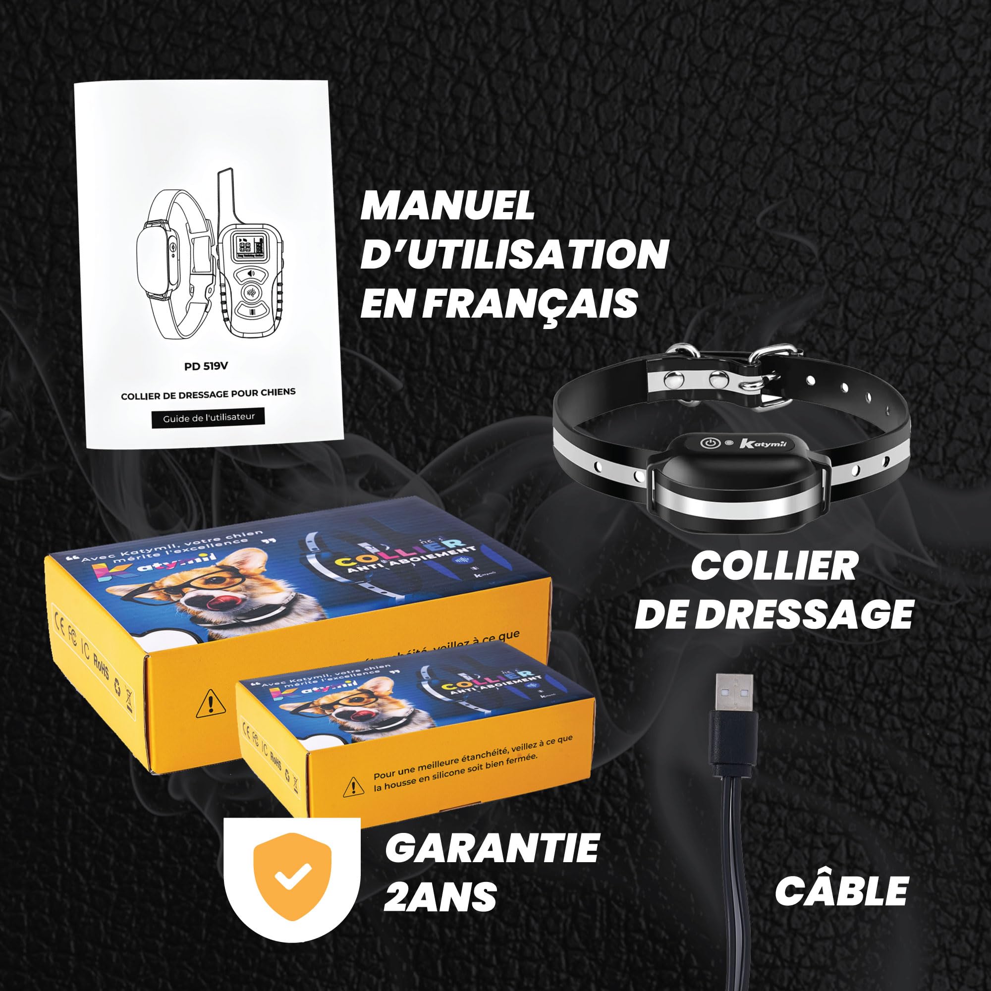 Collier de Dressage pour Chien sans Choc Électrique avec Télécommande, Ebook Éducatif Inclus, Vibration et Lumière – Étanche IP67 – Adapté à Tous Les Chiens – KATYMIL