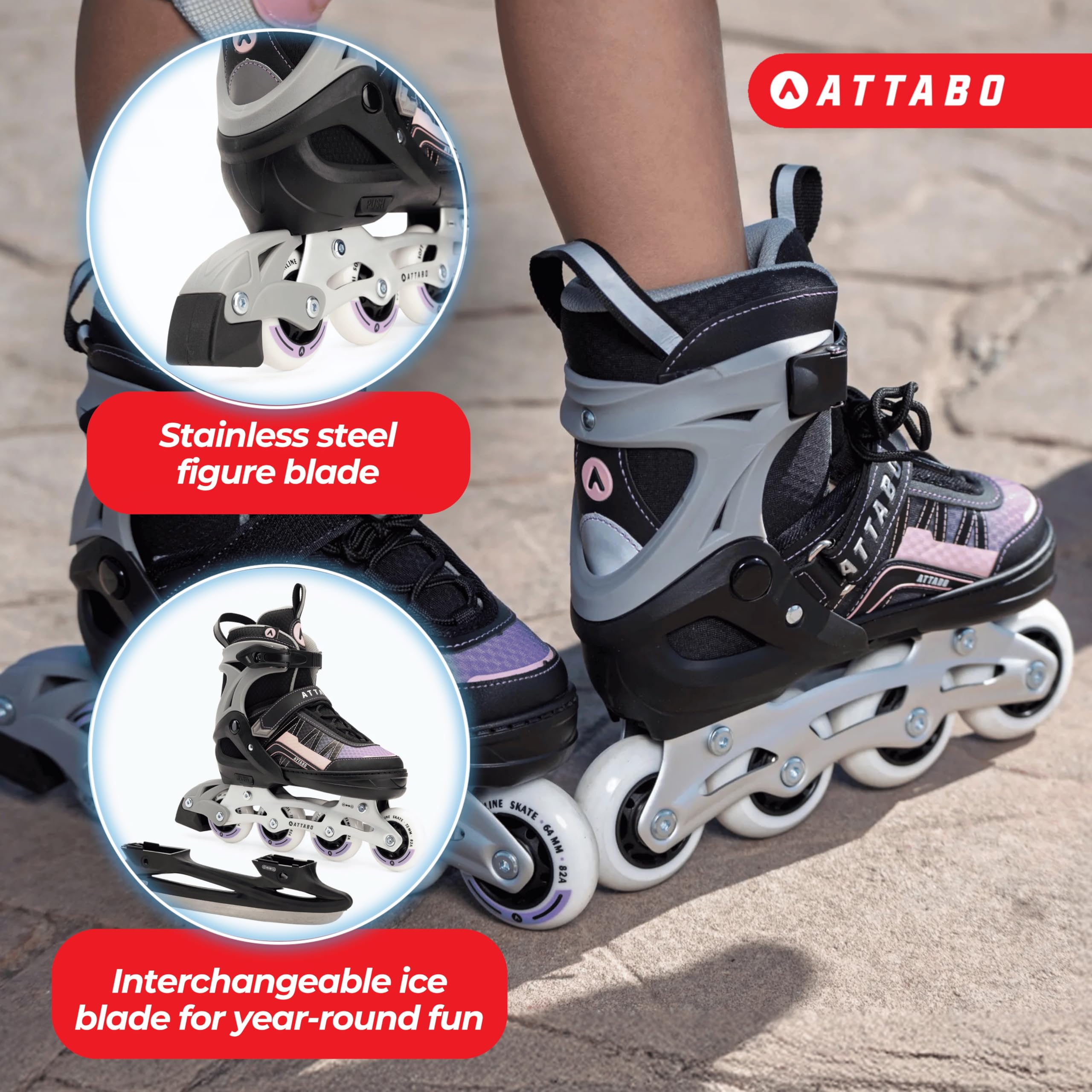 ATTABO Bladeroll 2-in-1 Kinderschlittschuhe & Inline Skates – Verstellbar, mit Wechselkufe, ABEC-7-Lager, Aluminiumrahmen & TPR-Bremse, Komfort & Sicherheit für Kinder
