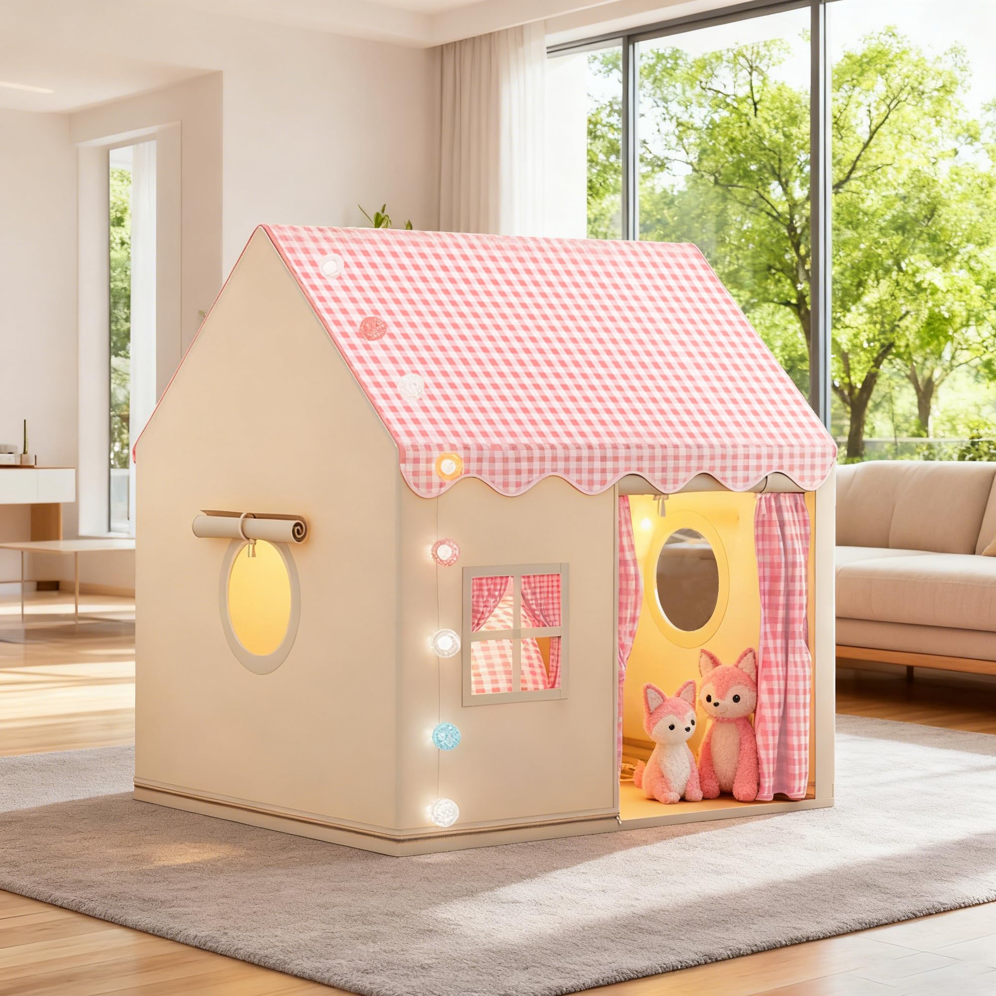 Tenda per Bambini Interno, Tenda da Gioco con Luci Decorative, Quadri Rosa