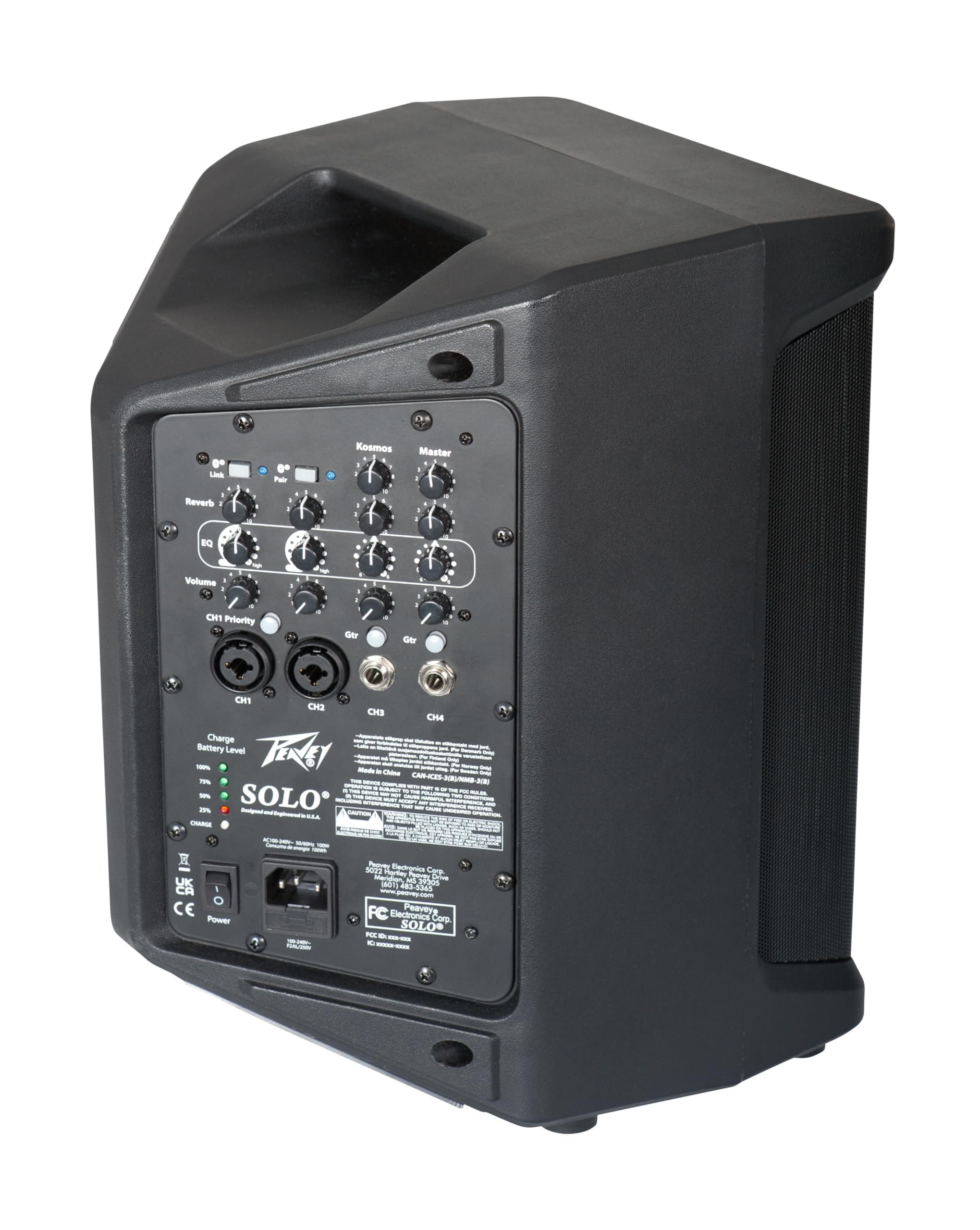 Peavey Solo® Amplificateur de sonorisation Portable alimenté par Batterie et Busking, autonomie de 10 Heures, Bluetooth, 4 canaux, léger, Batterie Rechargeable Rapide, entrée Guitare, réverbération