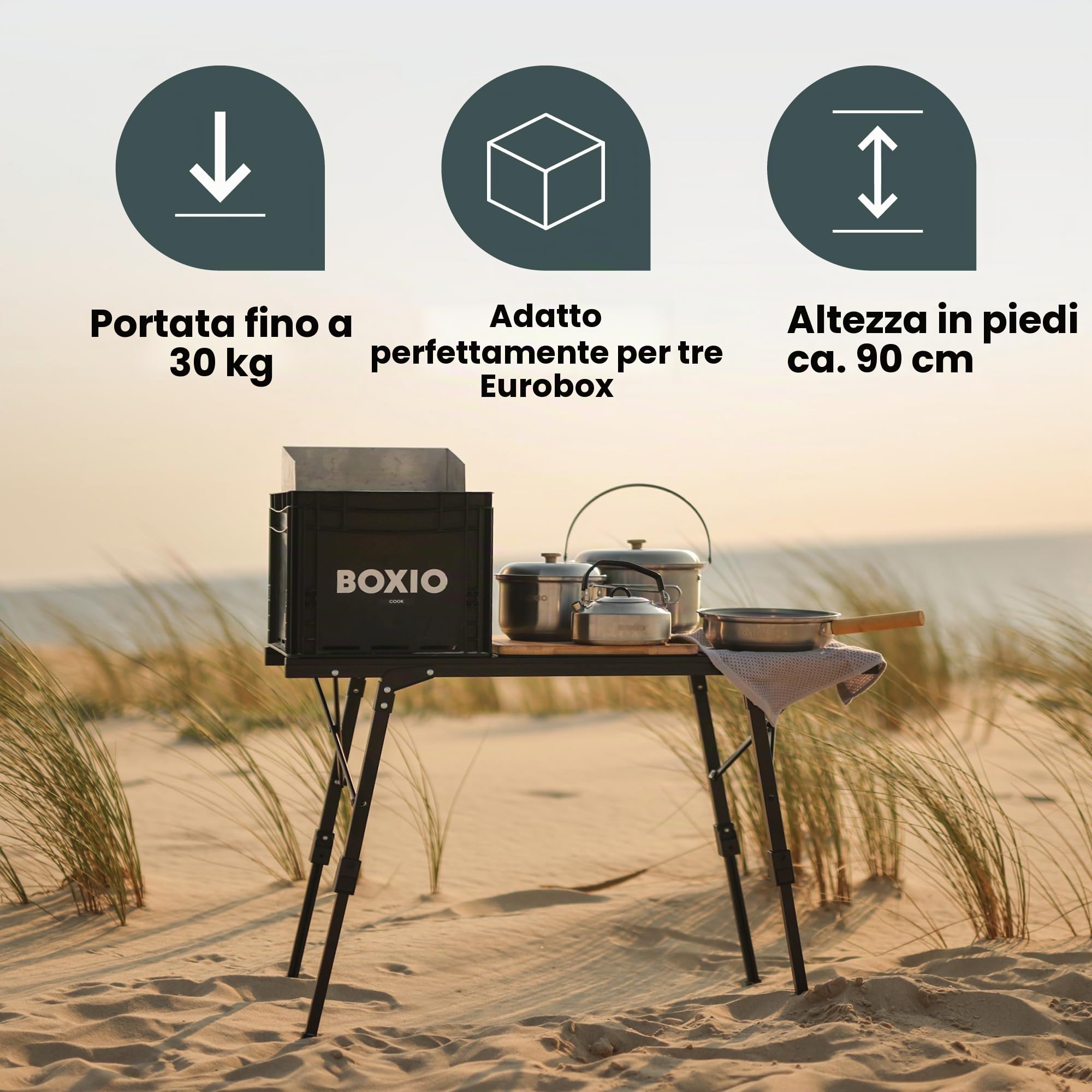BOXIO - Tavolo da campeggio pieghevole, 88 x 40 cm, resistente alle intemperie, stabile e pieghevole, tavolo da esterno regolabile in altezza per campeggio, giardino, balcone e accessori per camper