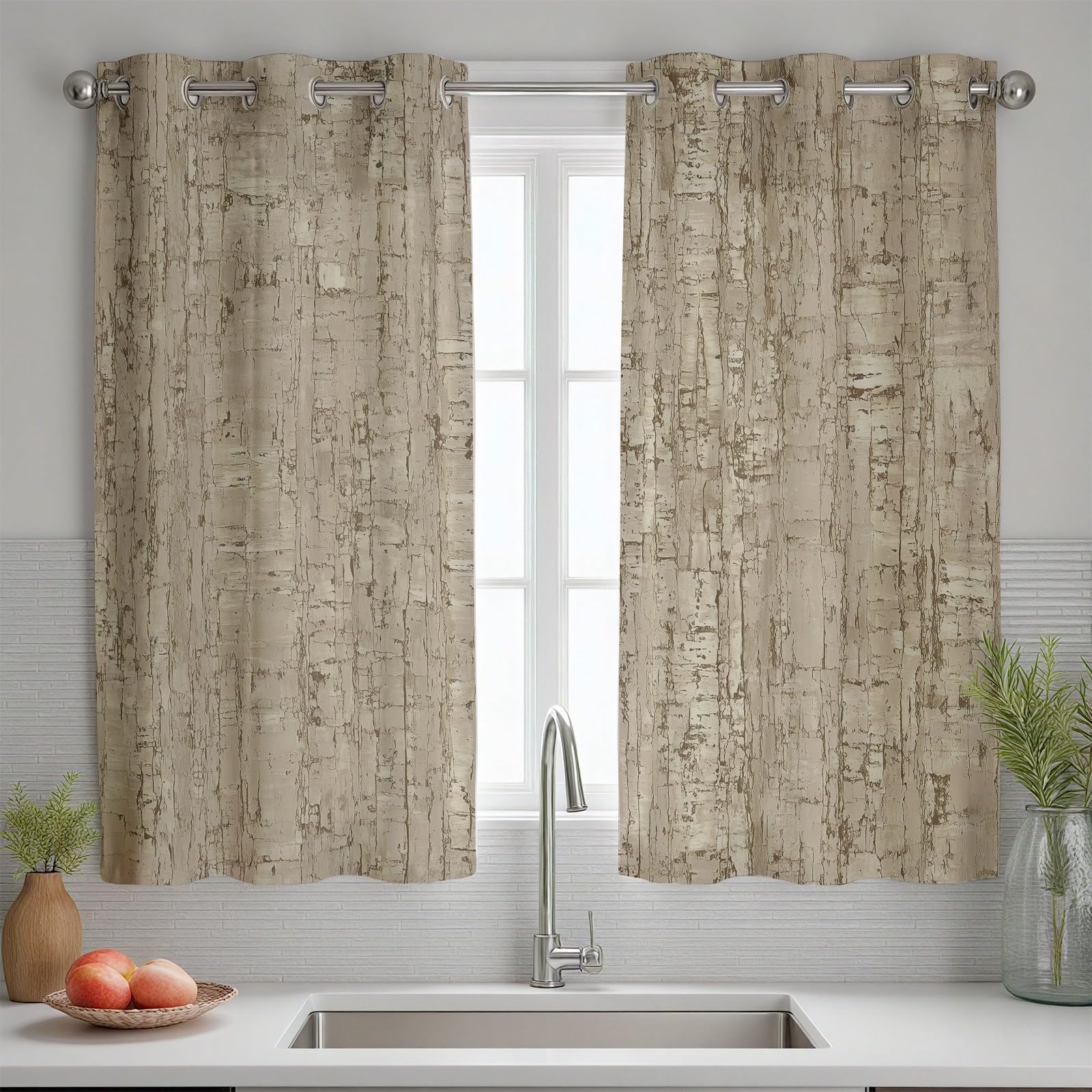 Modern Abstrakte Vorhänge, Eichenbaum Holzmaserung Gardinen Schlafzimmer Wohnzimmer, Modern Used Effekt Vorhänge mit Ösen Blickdicht, Gardinen 137 cm Hoch, Thermo Verdunklungsvorhänge 2er Set