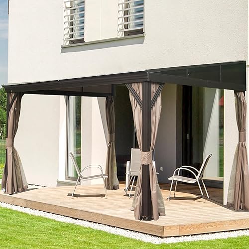 Miniatura 2 de DOMI - Cenador inclinado a 10 x 12 pies con marco de aluminio, kiosco montado en la pared con techo de acero galvanizado inclinado, cortina de red