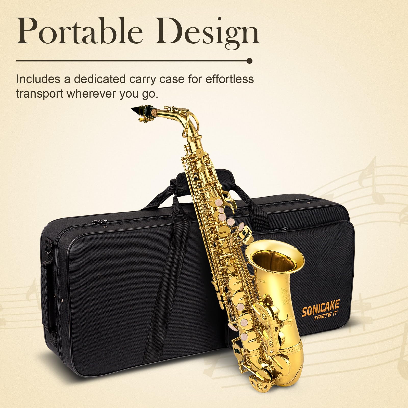 SONICAKE Saxophone Alto Mi bémol Vernis Or, Kit complet pour débutant avec étui, bec, anches, support & accessoires QSX-01