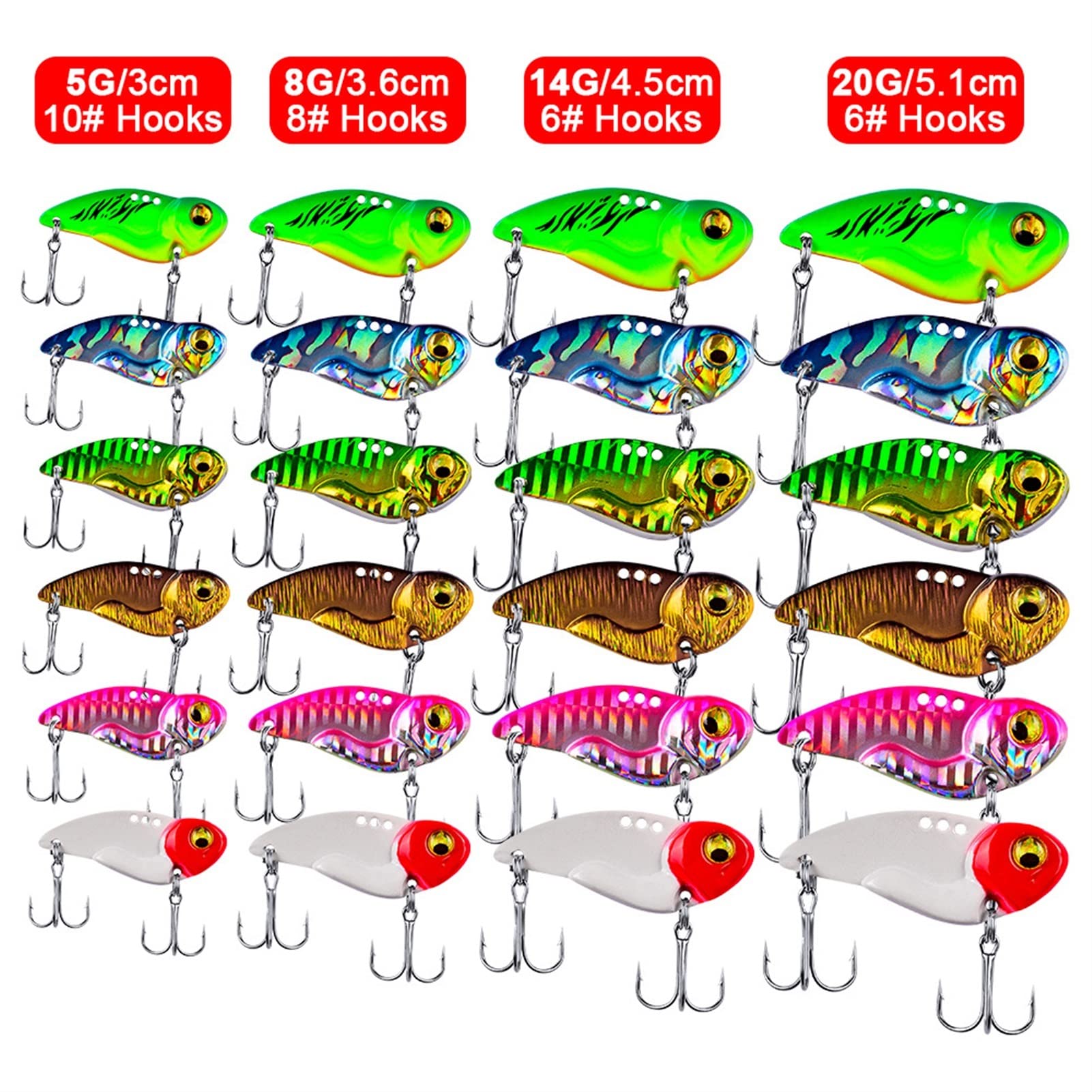 LINFFSTR 10 pièces Leurres de pêche en métal VIB 7g 10g 14g 17g 20g Leurre Cuillère Vivid Vibrations avec Position de Trou réglable Appât Dur Artificiel à manivelle Leurre 3D Eyes Jigging