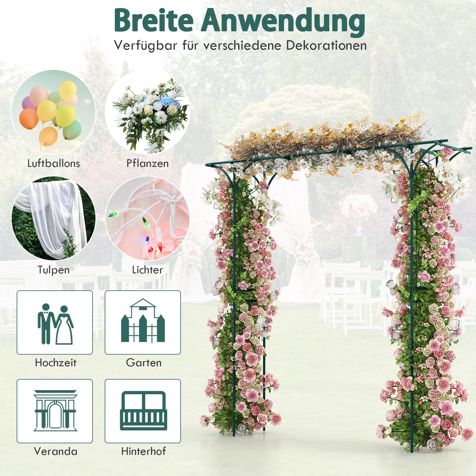 GOPLUS Rozenboog van metaal, 205 x 52 x 205 cm, pergola, klimhulp, klimboog, bruiloftsboog, tuinboog voor klimplanten, poortboog voor tuin en bruiloft (groen