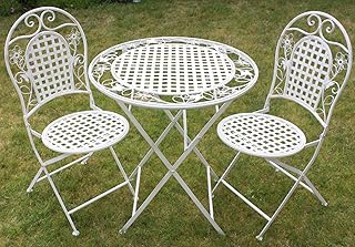 Maribelle White Round Metal Floral Designed Folding Outdoor Garden Patio Dining Table And Two Chairs