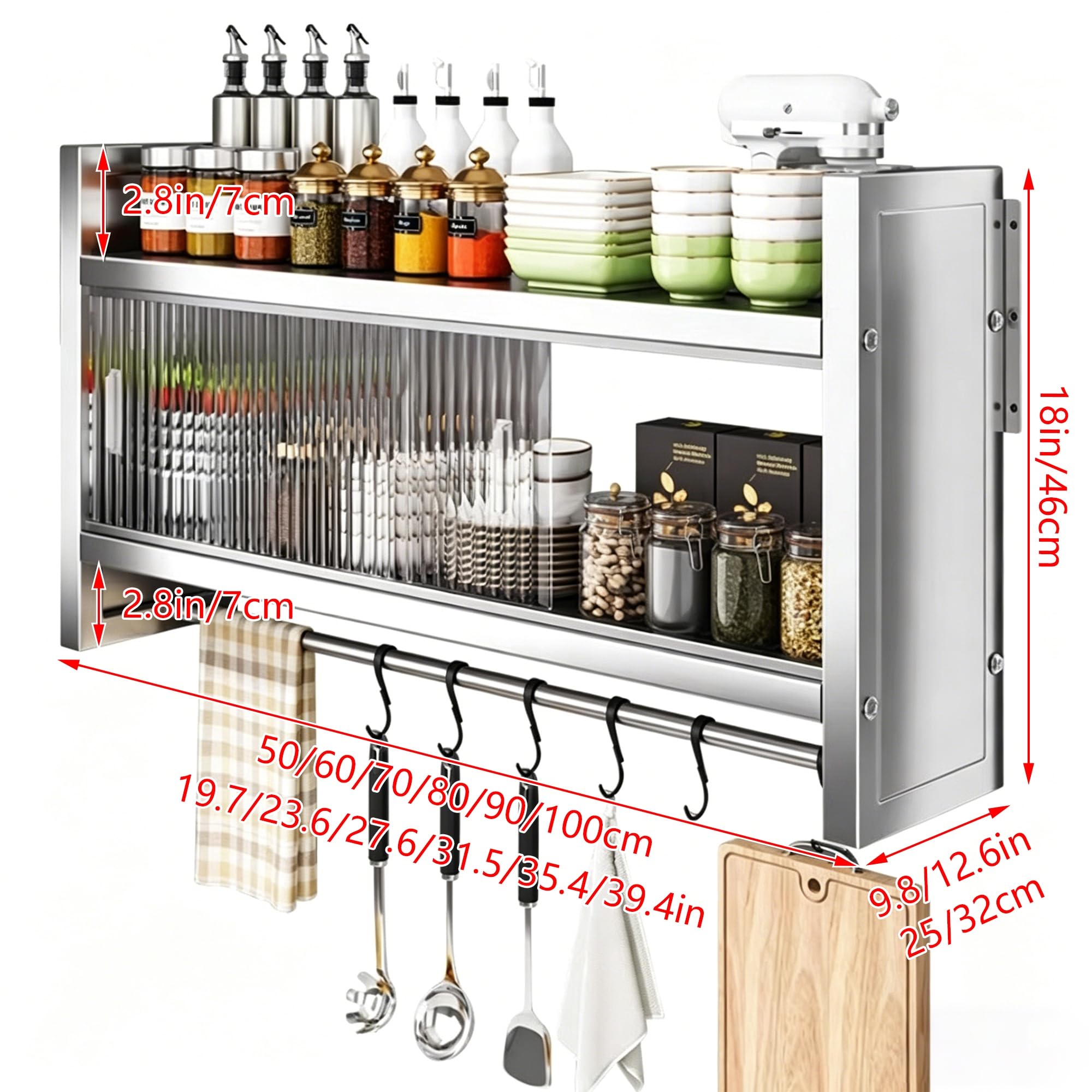Pensile da Cucina con Ganci, armadietti a Muro in Acciaio Inox, Porta spezie, pensili sospesi, scaffale a Muro per Bagno e Cucina, 39,4x12,6x18,1 Pollici (Dimensioni 31,5x12,6x18,1 Pollici)