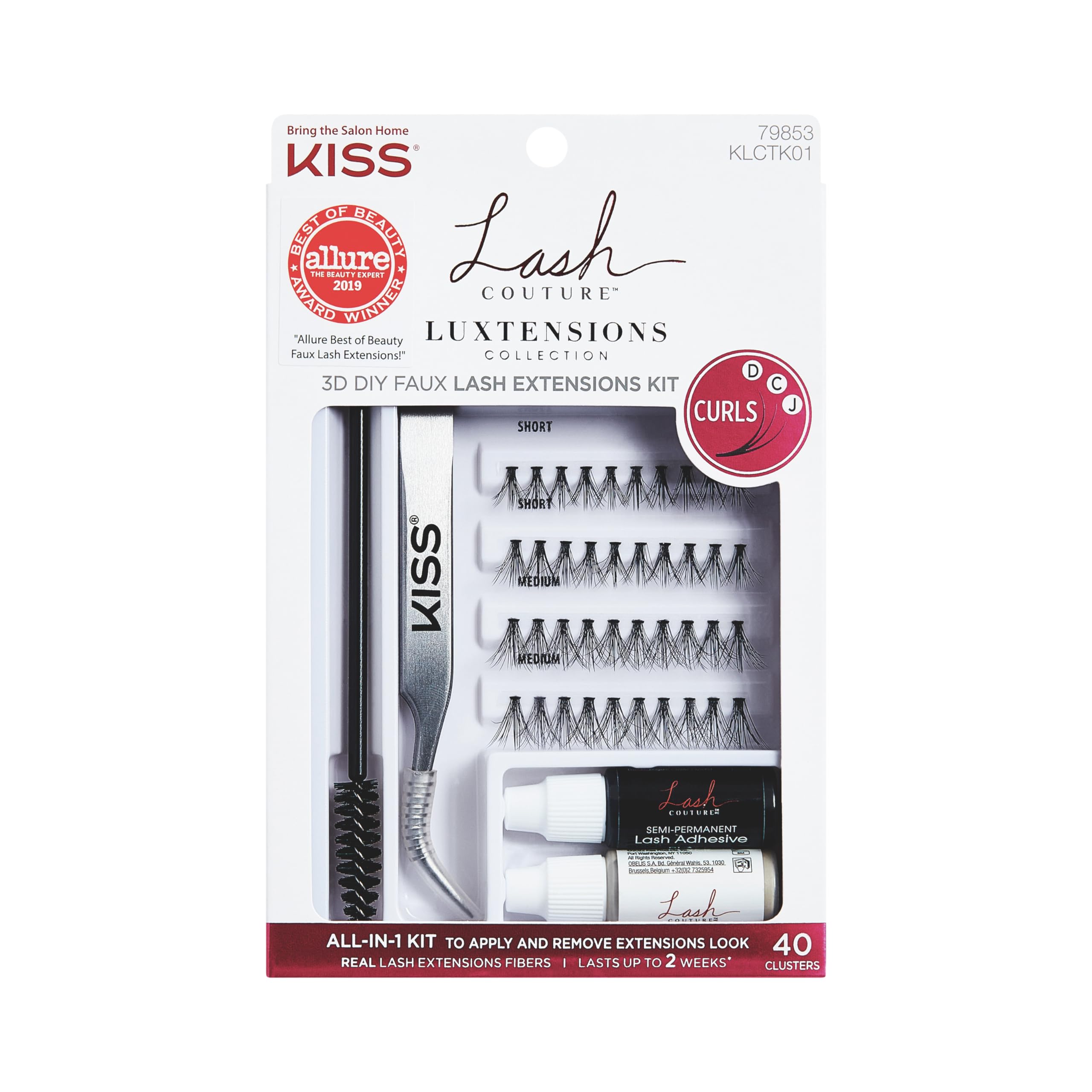 KISS Lash Couture Luxtensions False Eyelashes, Lash Extension Kit, 40 Reusable Lash Clusters, 12mm, Tweezers, Spoolie, Semi-Permanent Lash Adhesive & Remover