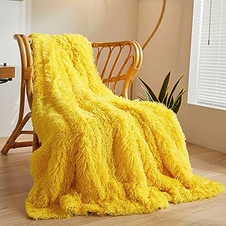 XeGe Luxury Faux Fur Blanket, Yellow Soft 60x90 Fluffy Throw for Bed, Co...