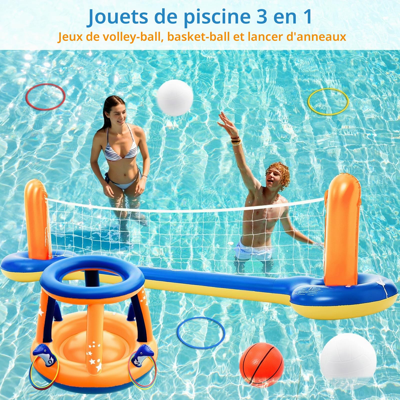 Jasonwell Ensemble de Jouets de Piscine – Set 3 en 1 Filet de Volleyball de Piscine Panier de Basketball Jeu de Lancer d'Anneaux Flotteurs Gonflables Eau Volleyball Flottant Jeux de Piscines de