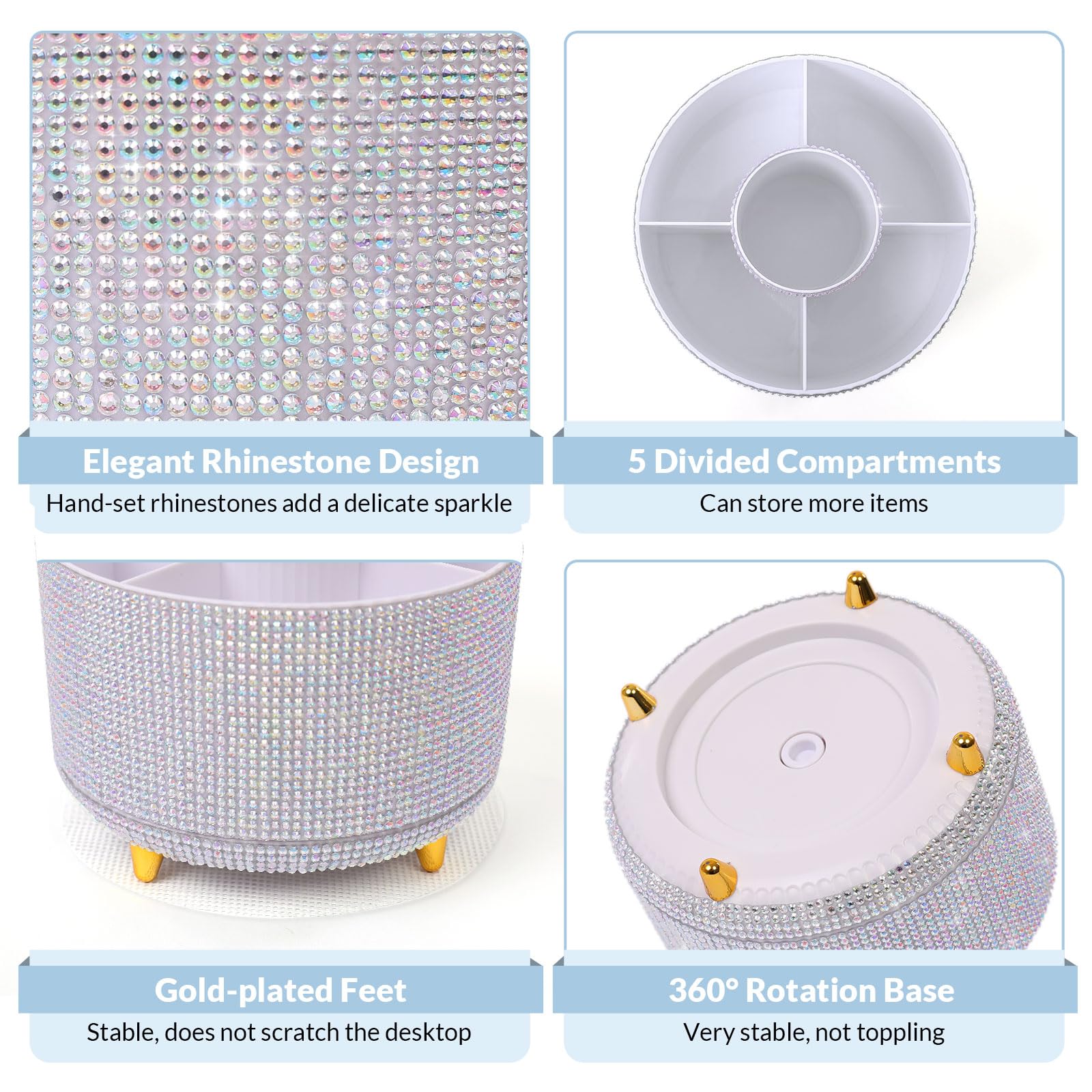 SKYDUE Organizer da scrivania girevole a 360 gradi, portapenne brillante a doppio scopo con strass, organizer da scrivania rotante con 5 scomparti, portapenne con strass, per ufficio, scuola, casa