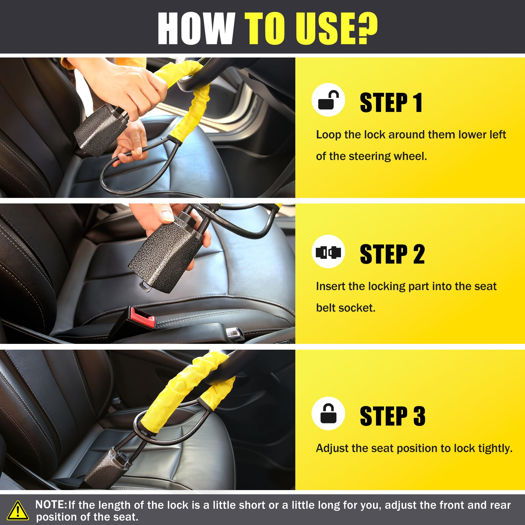 OXNSHEJW Steering Wheel Lock, Car Steering Wheel Locks, Car Seat Belt Lock with Metal Head, High Visibility Car Lock Anti-Theft Device for Car, SUV, Pickup, Van, RV, 3 Keys (Yellow) — view 8