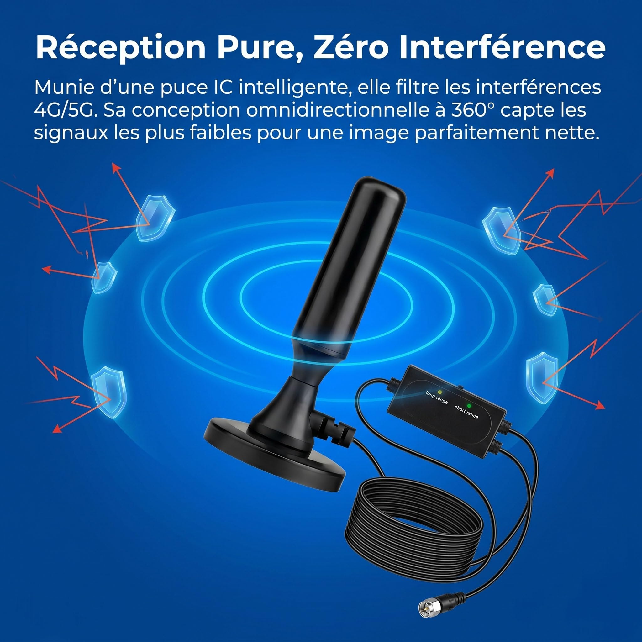 Antenne TV Intérieur Puissante 2026, Antenne TNT Intérieur Amplifiée 360° pour Smart TV, Amplificateur Signal 500km, Chaînes Gratuites 4K 1080P HD, Base Magnétique, Câble 3M