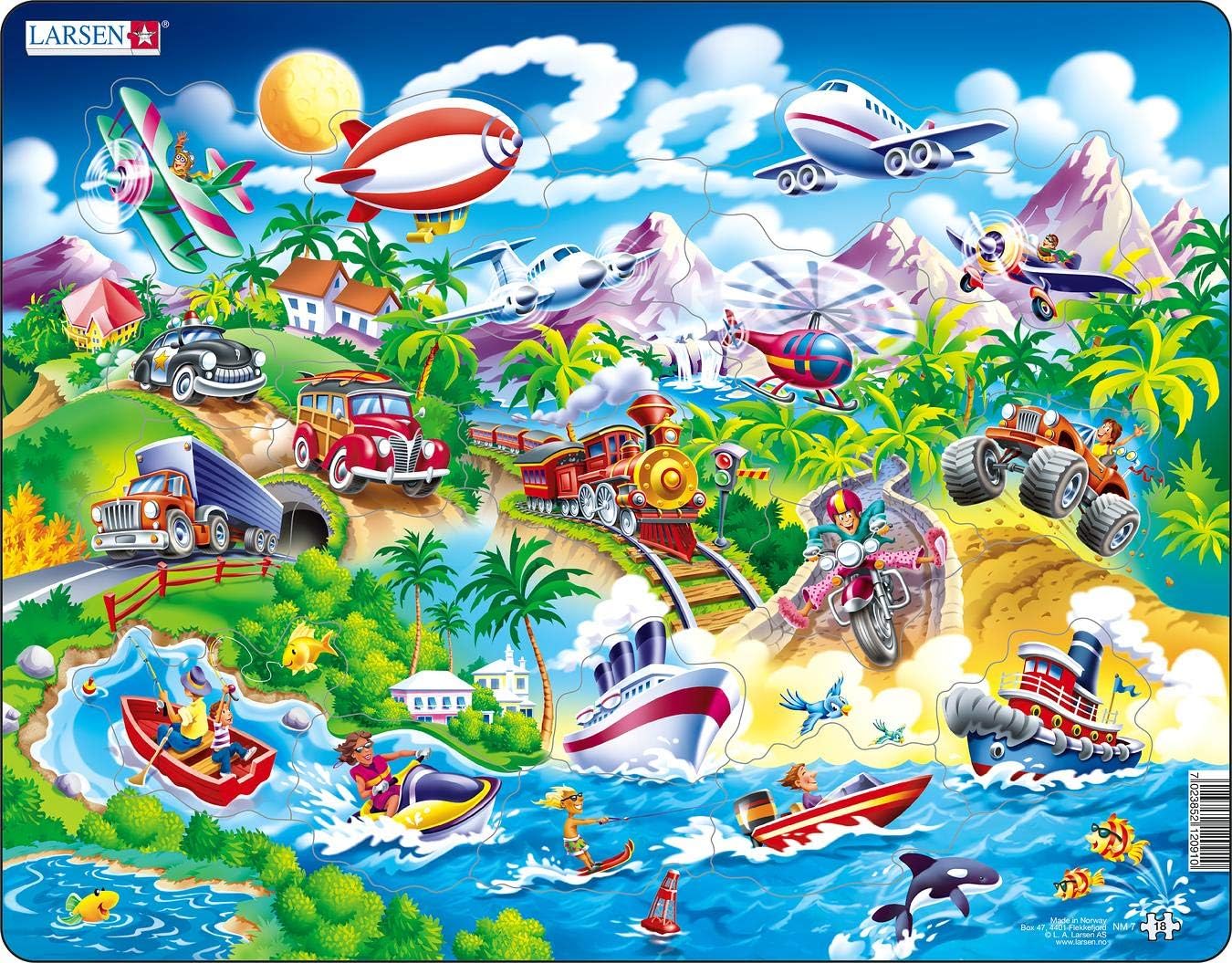 LarsenPuzzles Cars, Boats, Trains, and Airplanes 18 Piece Children's Jigsaw Puzzle