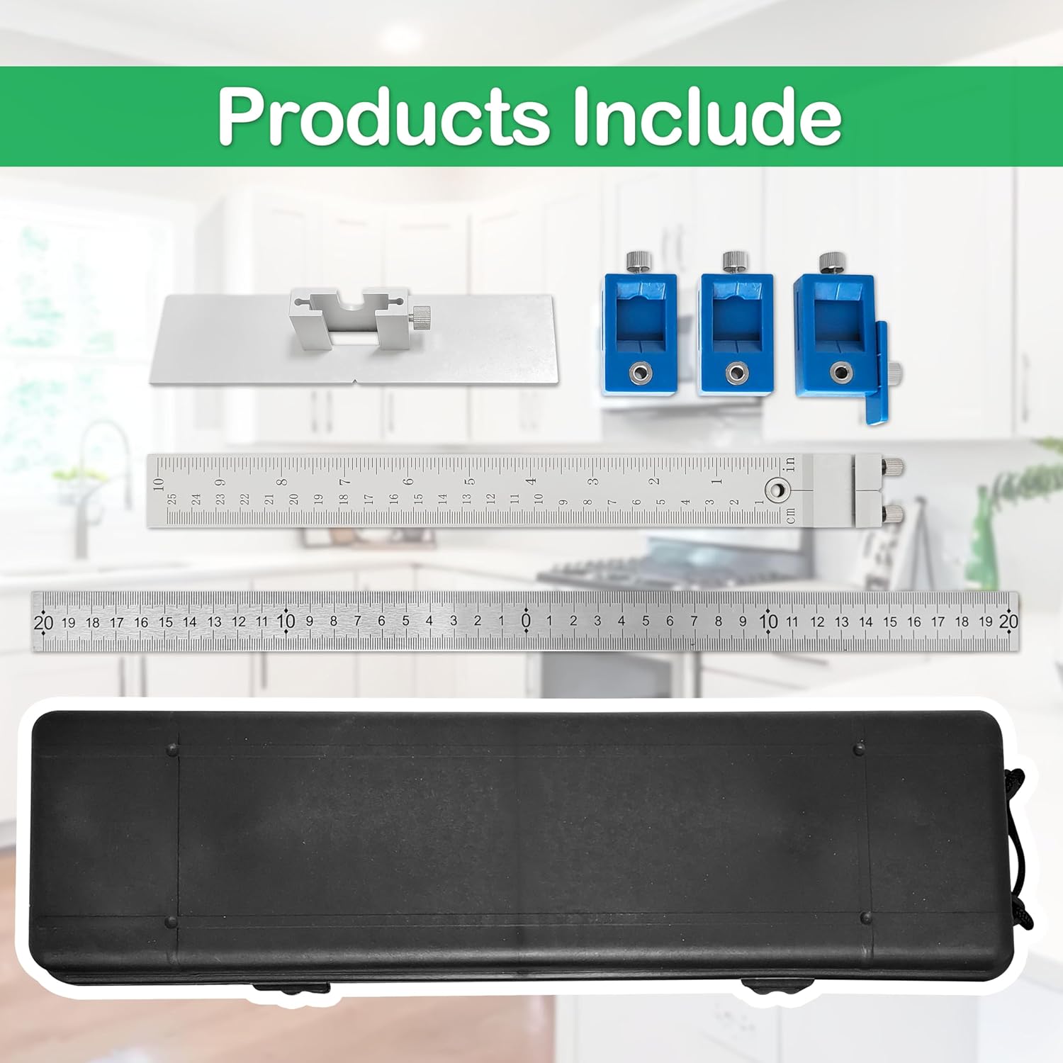 Cabinet Hardware Jig Tool，Adjustable Drill Guide Template Tool for Installation of Door Drawer Front Knobs Handles and Pulls-Blue Aluminium Box