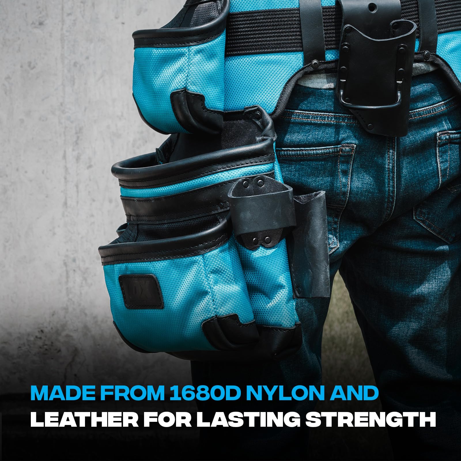 OX Tools Ceinture à outils en cuir et nylon avec sangles rembourrées en mousse à mémoire de forme pour homme, cuir pleine fleur et renforcement Kevlar®, parfait pour les charpentiers, les