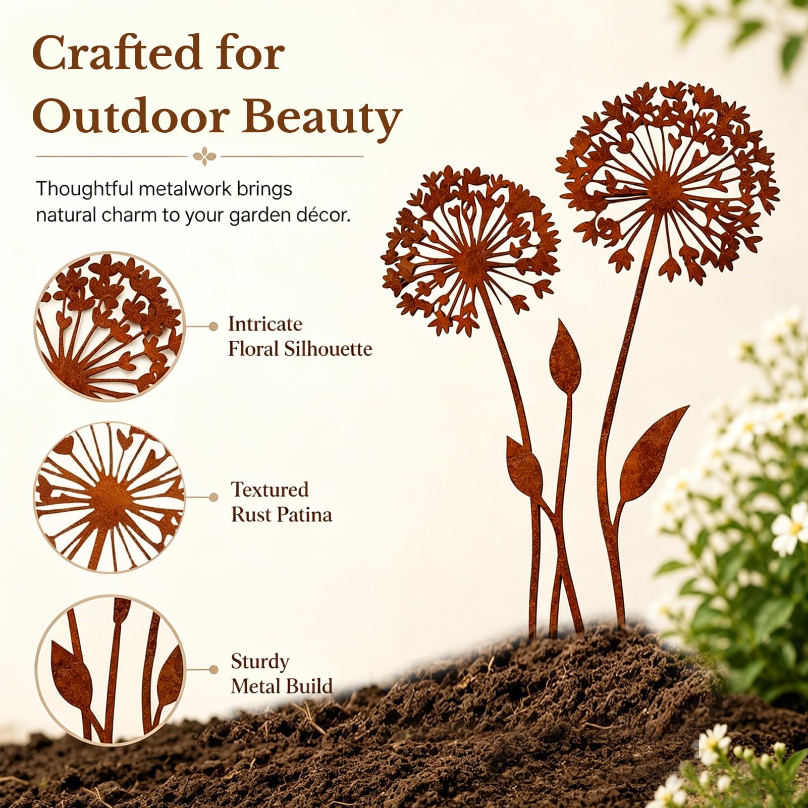 Juego de estacas de jardín de Metal Oxidado, estacas Decorativas de Diente de león, estacas de Flores de Primavera, decoración de jardín Exterior Resistente a la Intemperie