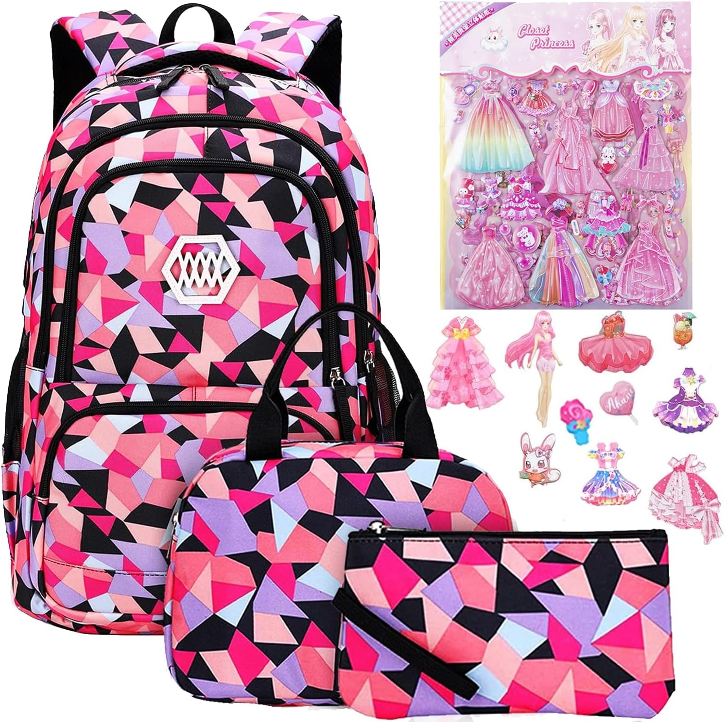 YoawlltySchool Bag for Boys, Kids Backpack for Girls, School Book Bag for Primary School, 3 in 1 School Bag Set with Lunch Tote Bag, Pencil Case and Cartoon Stickers
