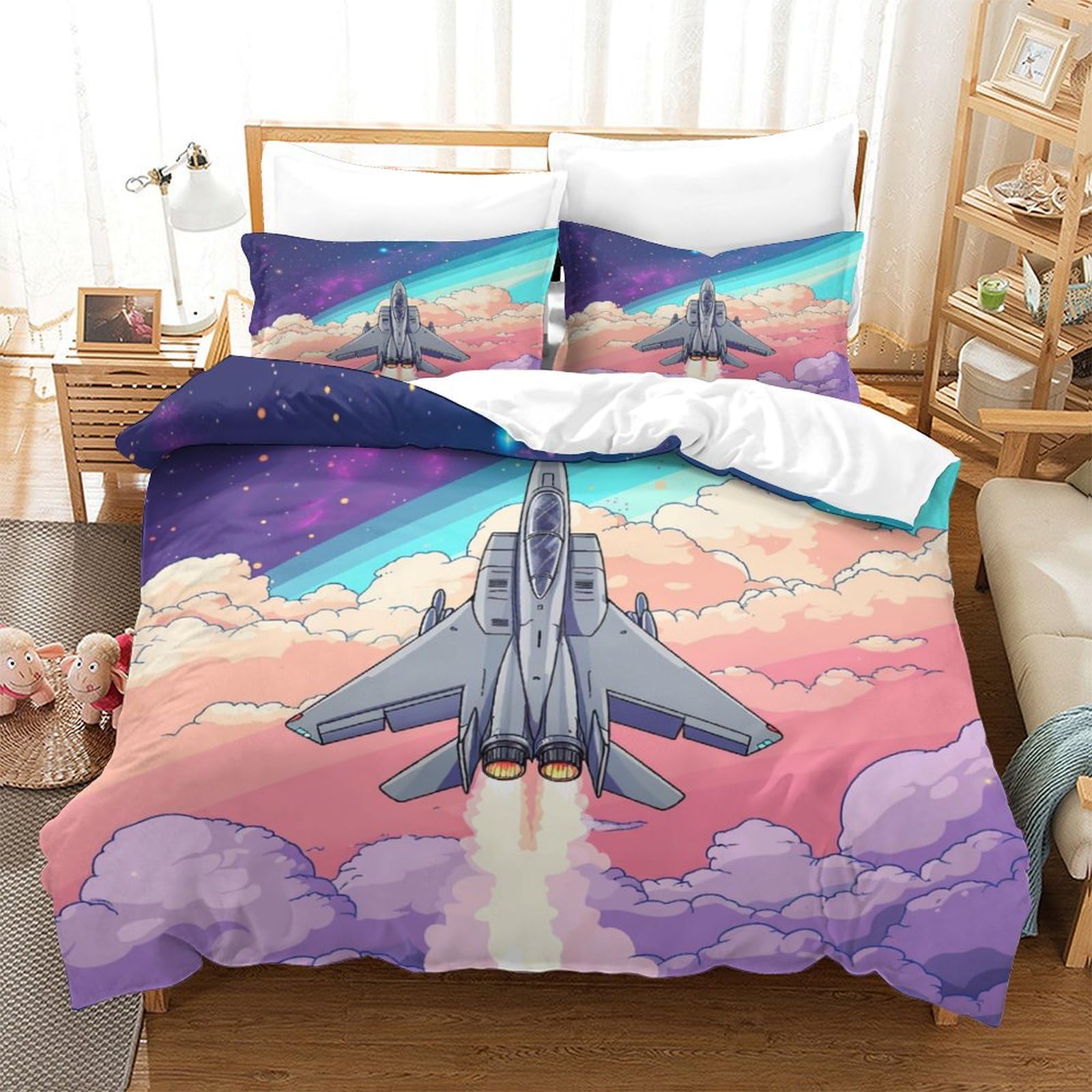 P1s9u7w5y Aircraft-1 3D Printed Dream Space Aircraft 3Pcs Microfiber Flight Theme Duvet Cover Set Cloud Bedding King（220X240cm）
