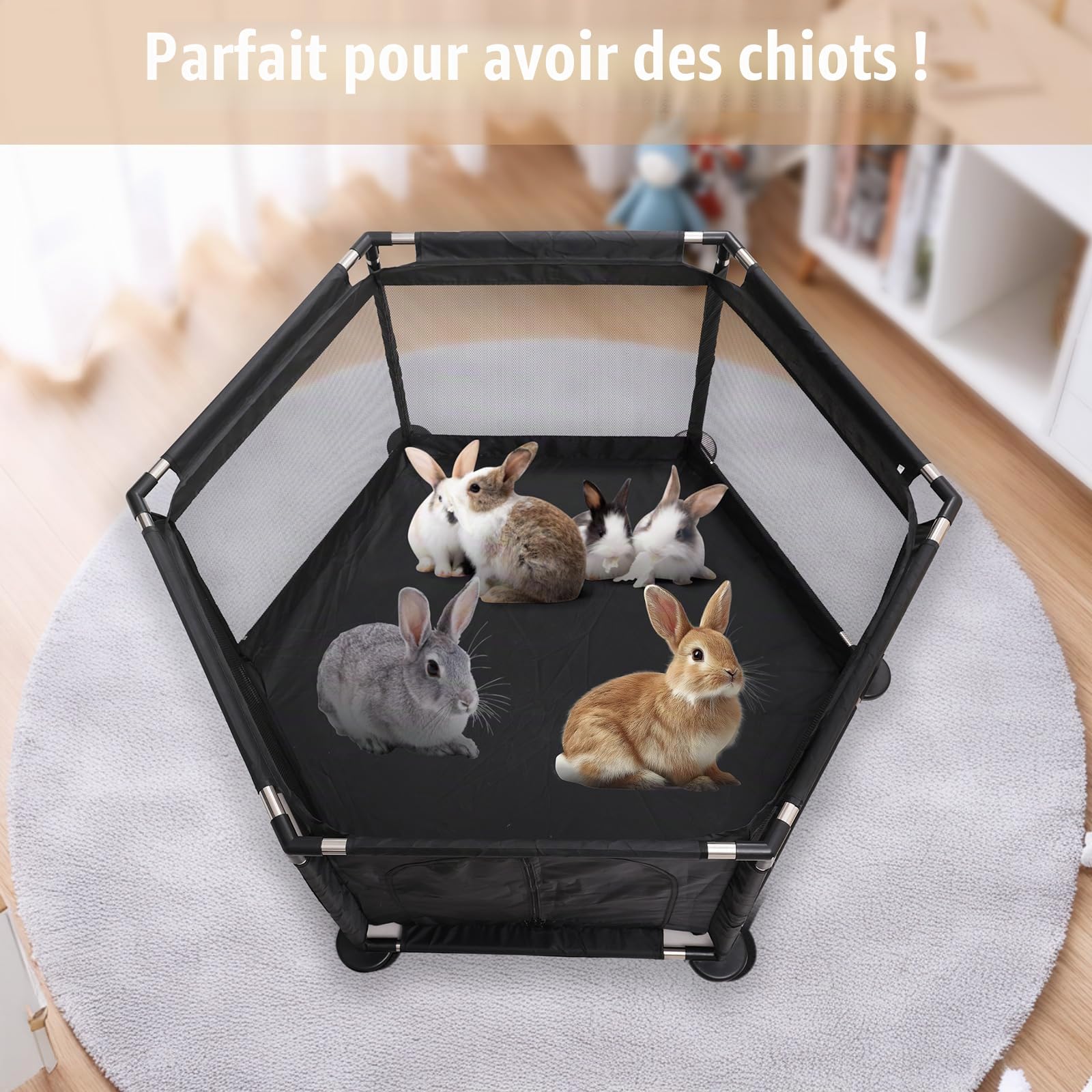 Caisse hexagonale pour chiots extra hauts, parc + coussin pour chiots de grande et petite race, accessoires indispensables pour chiens, chiots, 122 x 65 cm, noir