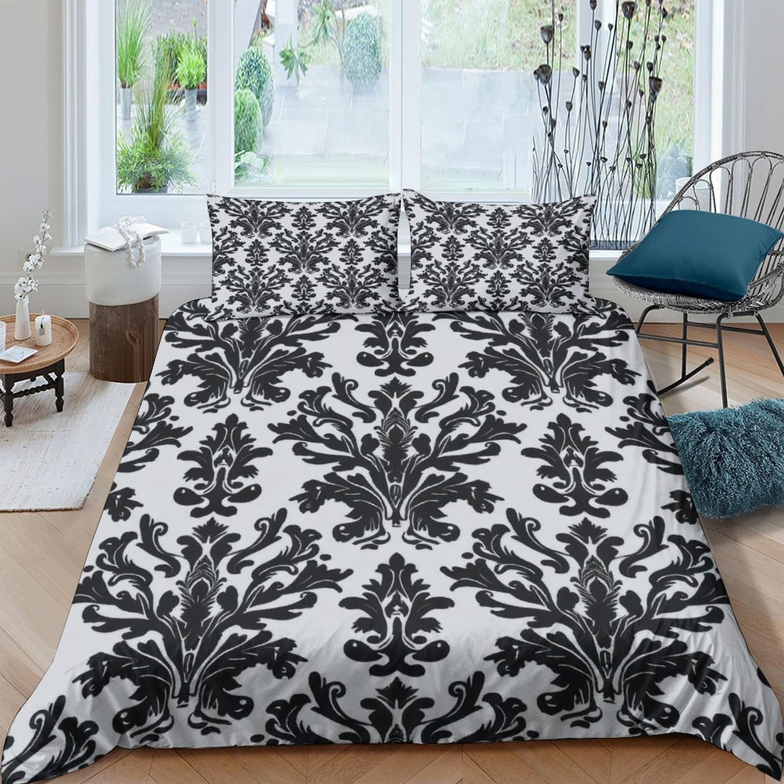 Ctjqhvkz Style-7 3D Printed Baroque Damask Fitted Sheet Microfiber Soft Black White Ornate Mattress Cover For Bedroom Guest Room Decor Single（135X200cm）