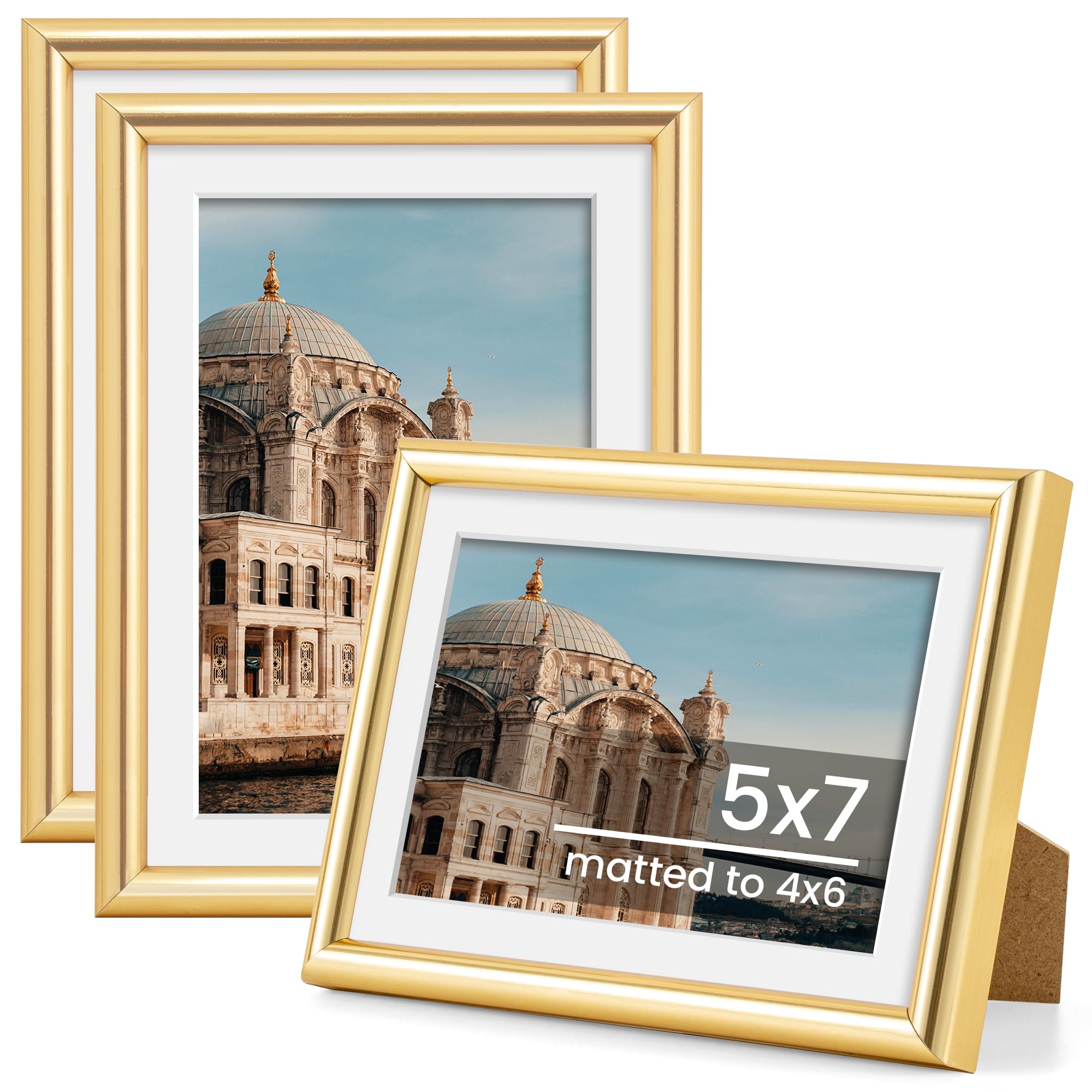 FLYJOE 5x7 Picture Frame, Display Pictures 4x6 with Mat or 5x7 Without Mat, Wall and Tabletop Display Photo Frame, Gold, 3 Pack