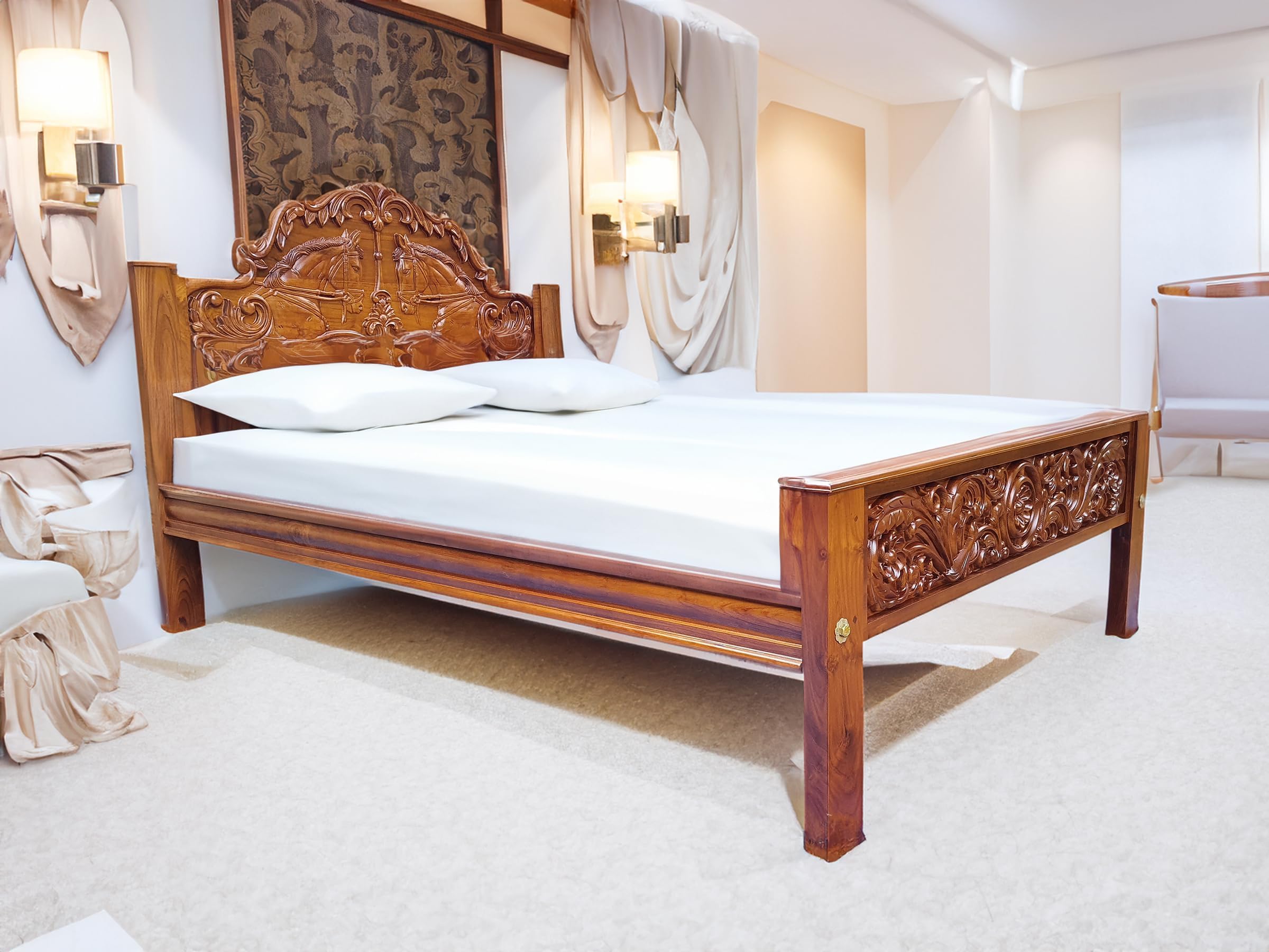 Aone - Original Teakwood Bed Frame (King 6.5 * 5ft) | Horse Carved Headboard