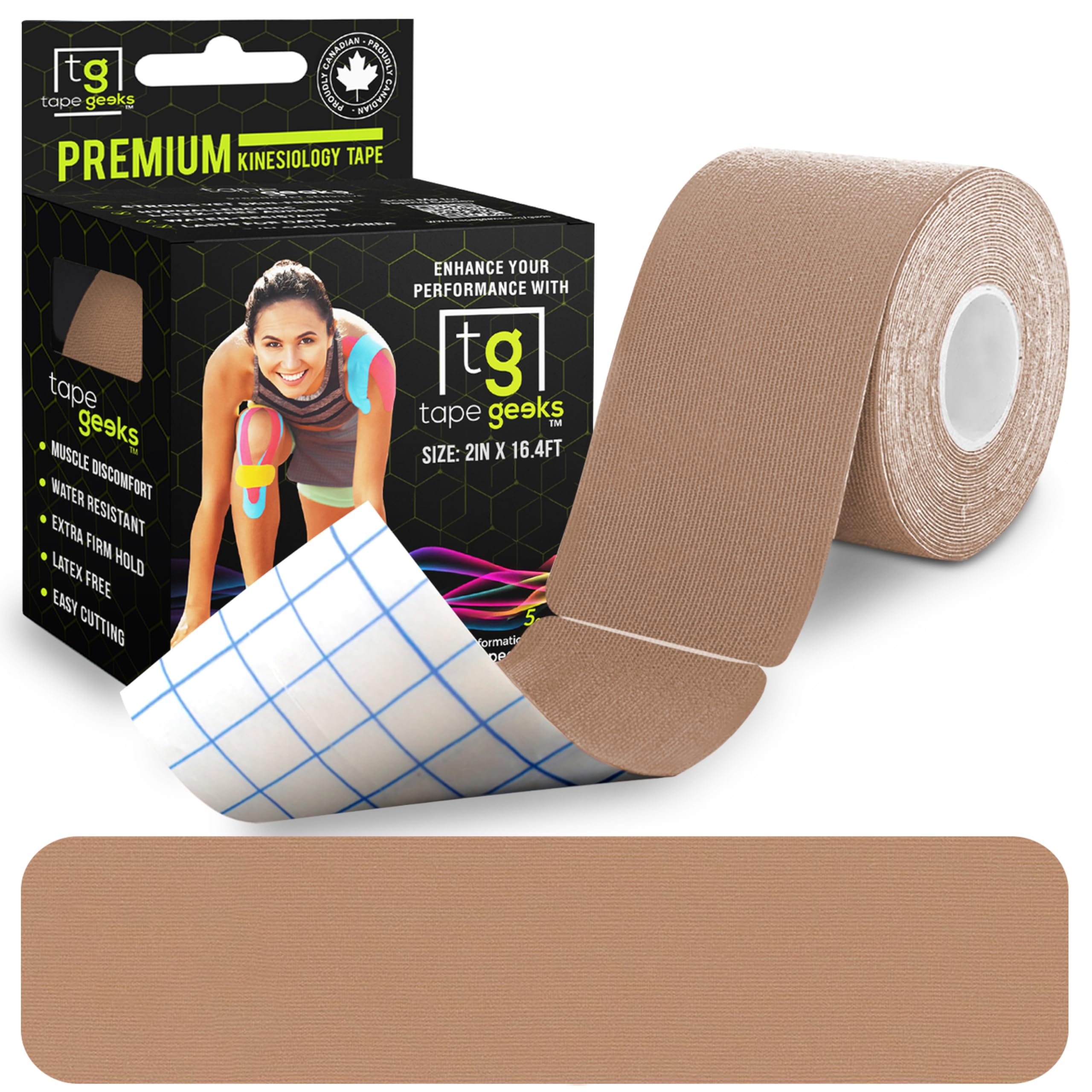 TapeGeeks Kinesiology Tape – Hypoallergenic Athletic Tape for Taping Physio, Muscle, Wrist, Ankle & Knee Tapes, Boobtape Alternative, Water Resistant Ktape, Precut Beige