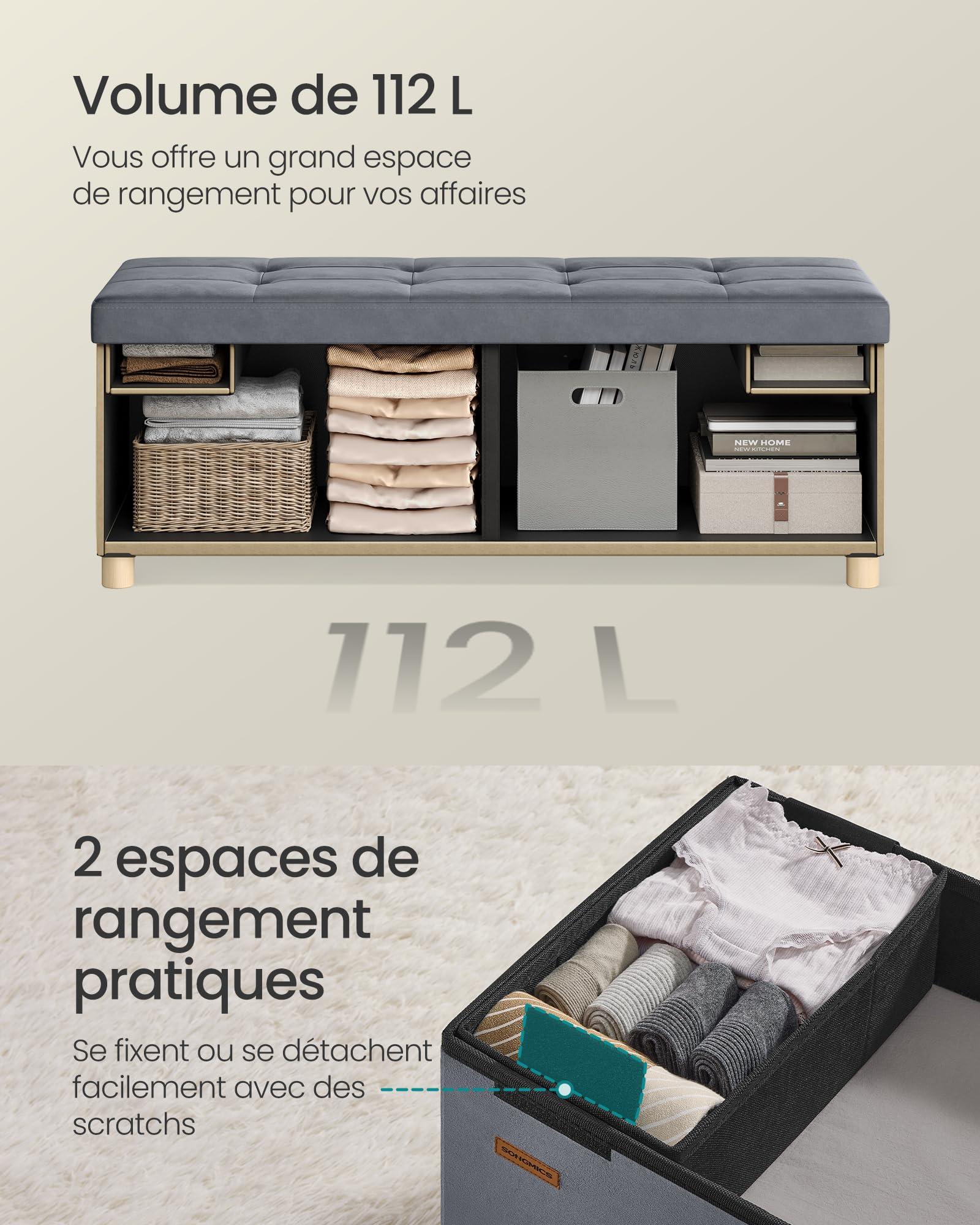 SONGMICS Banc de Rangement, Cube Pliable, 38 x 110 x 40 cm, Pouf, Repose-Pieds, 112 L, Surface en Velours, pour Chambre, Salon, Dortoir, Gris Ardoise LSF0518G02