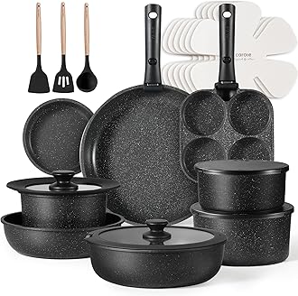 CAROTE 3pcs Pots and Pans Set Non Stick, Cookware Sets, Kitchen Set, Oven/Dishwasher/Fridge Safe, Space Saving Pots Set, Nonstick Set with Versatile Detachable Handle, Induction RV Set, Black