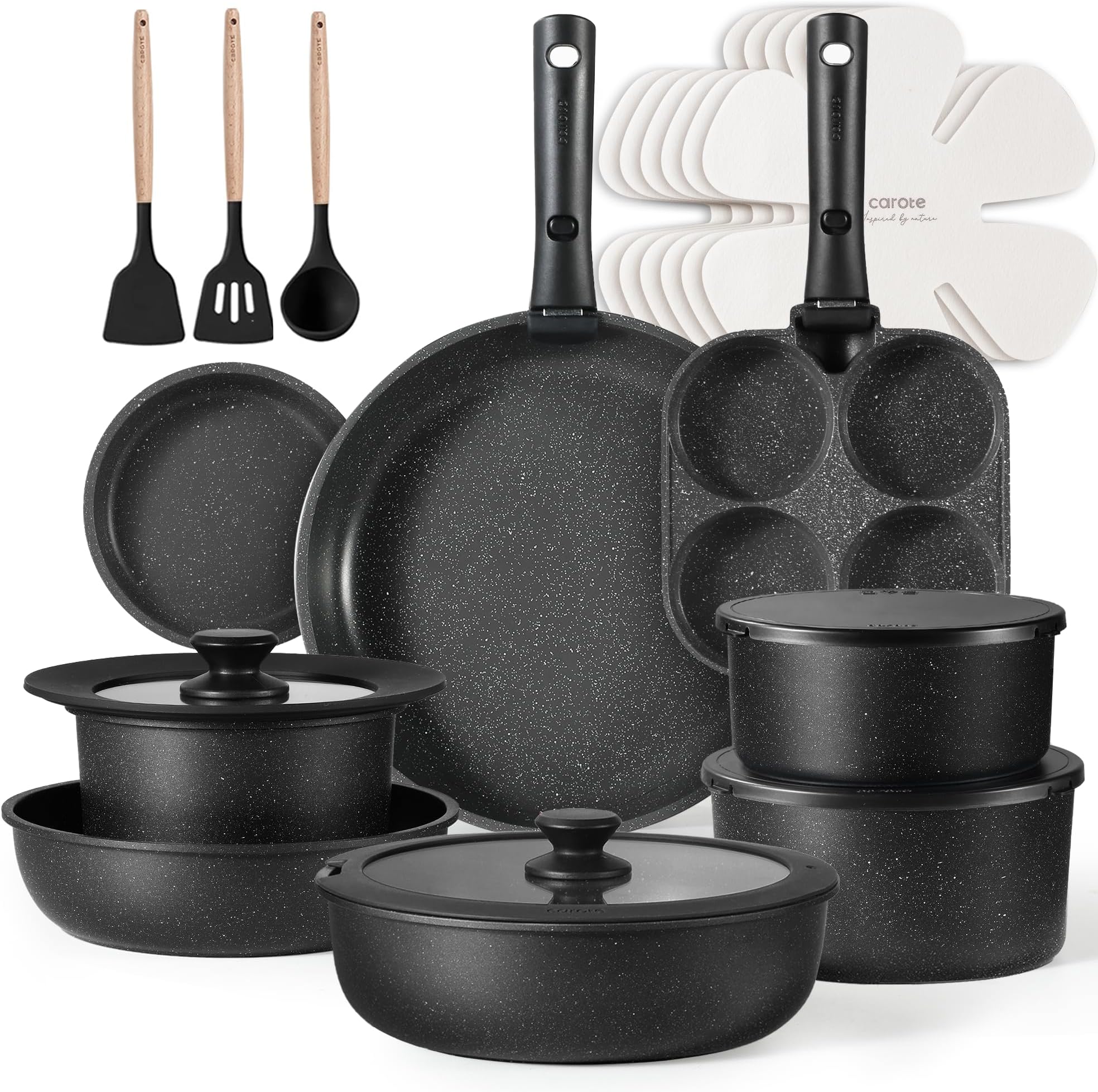 CAROTE 3pcs Pots and Pans Set Non Stick, Cookware Sets, Kitchen Set, Oven/Dishwasher/Fridge Safe, Space Saving Pots Set, Nonstick Set with Versatile Detachable Handle, Induction RV Set, Black