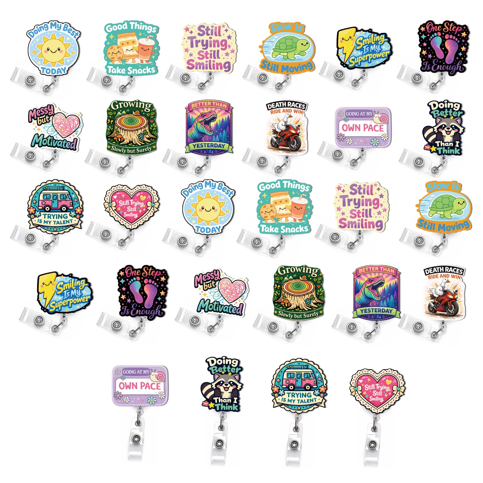 GLASSWINDS 28 Pcs Cute Retractable Badge Reels with Fun Phrases Funny Name ID Clip Badge Holder for Nurse Nursing Student Medical Assistant Healthcare Worker Work Accessories Bulk Gifts