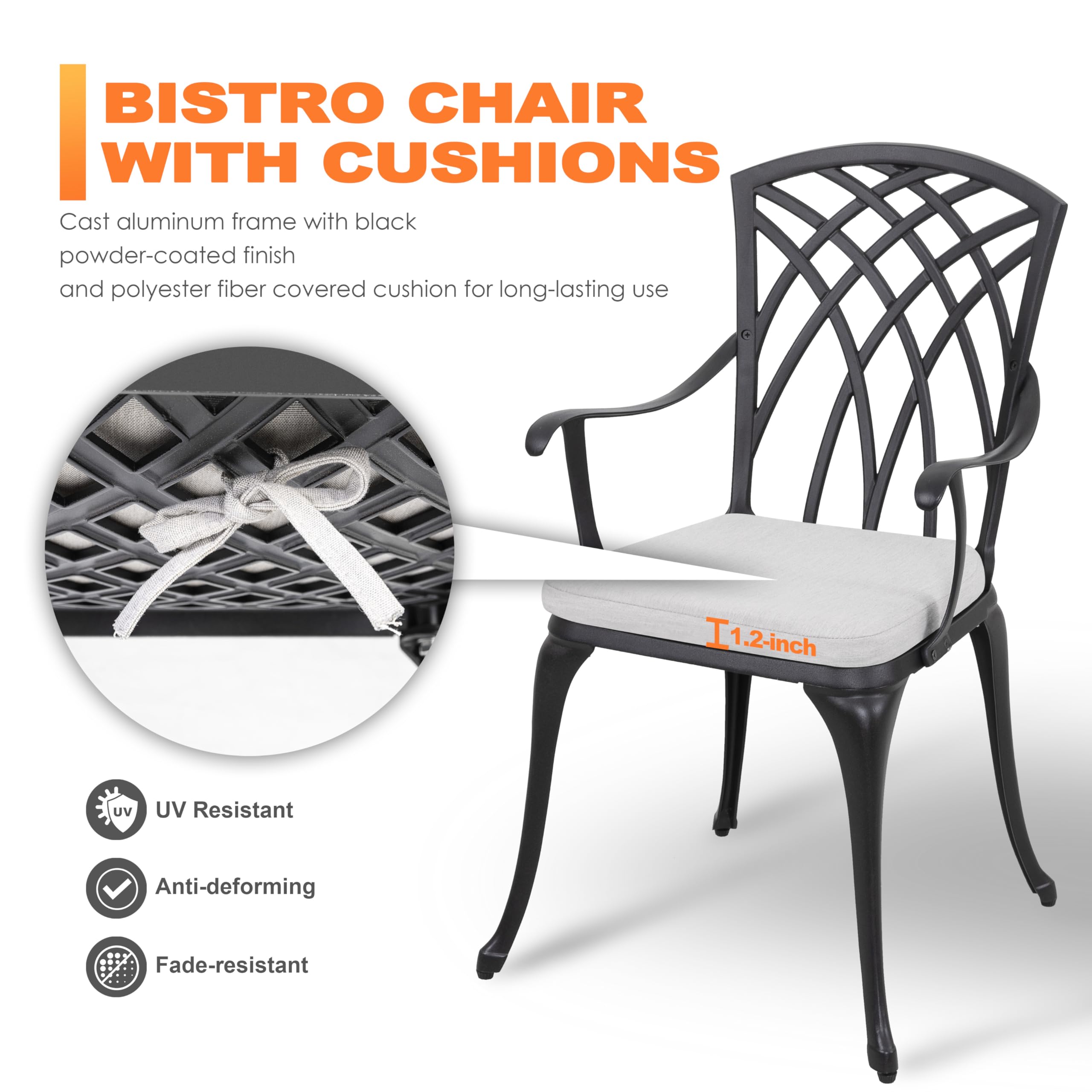 NUU Garden Juego de bistró de 3 Piezas de Aluminio Fundido para Exteriores, Juego de Mesa y sillas de Patio con Agujero para sombrilla y Cojines Grises, Color Negro