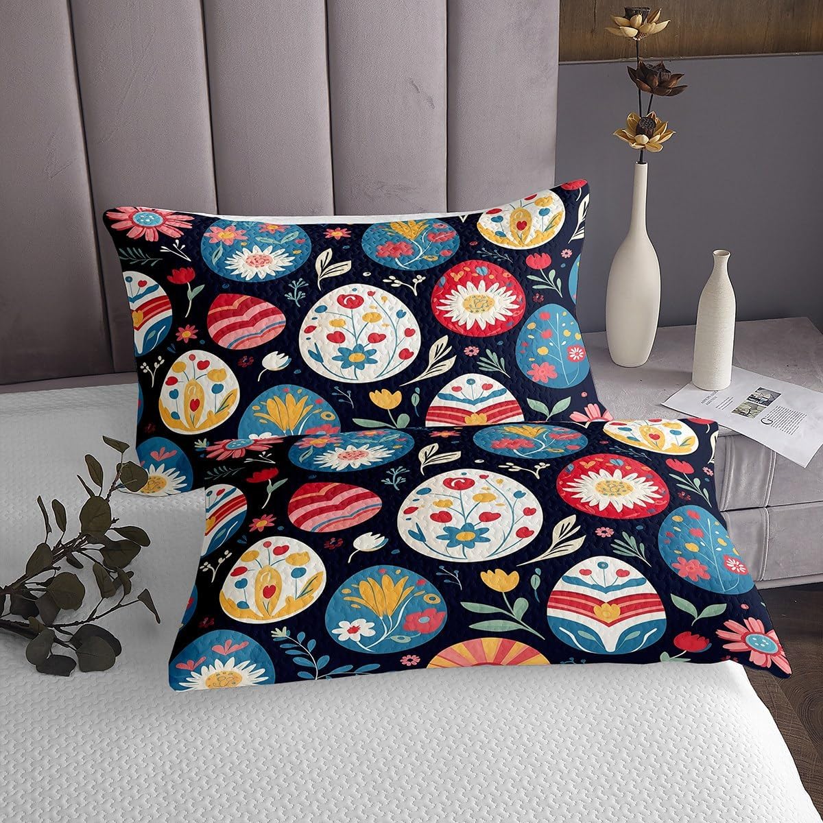 Homewish Colorful Flower Bedspread Queen Size,Happy Easter Eggs Bedding Set for Kids Boys Girls Room Decor,Floral Botanical Natural Theme Quilt 3Pcs,Black Cartoon Fashion Coverlet Set,2 Pillowcases