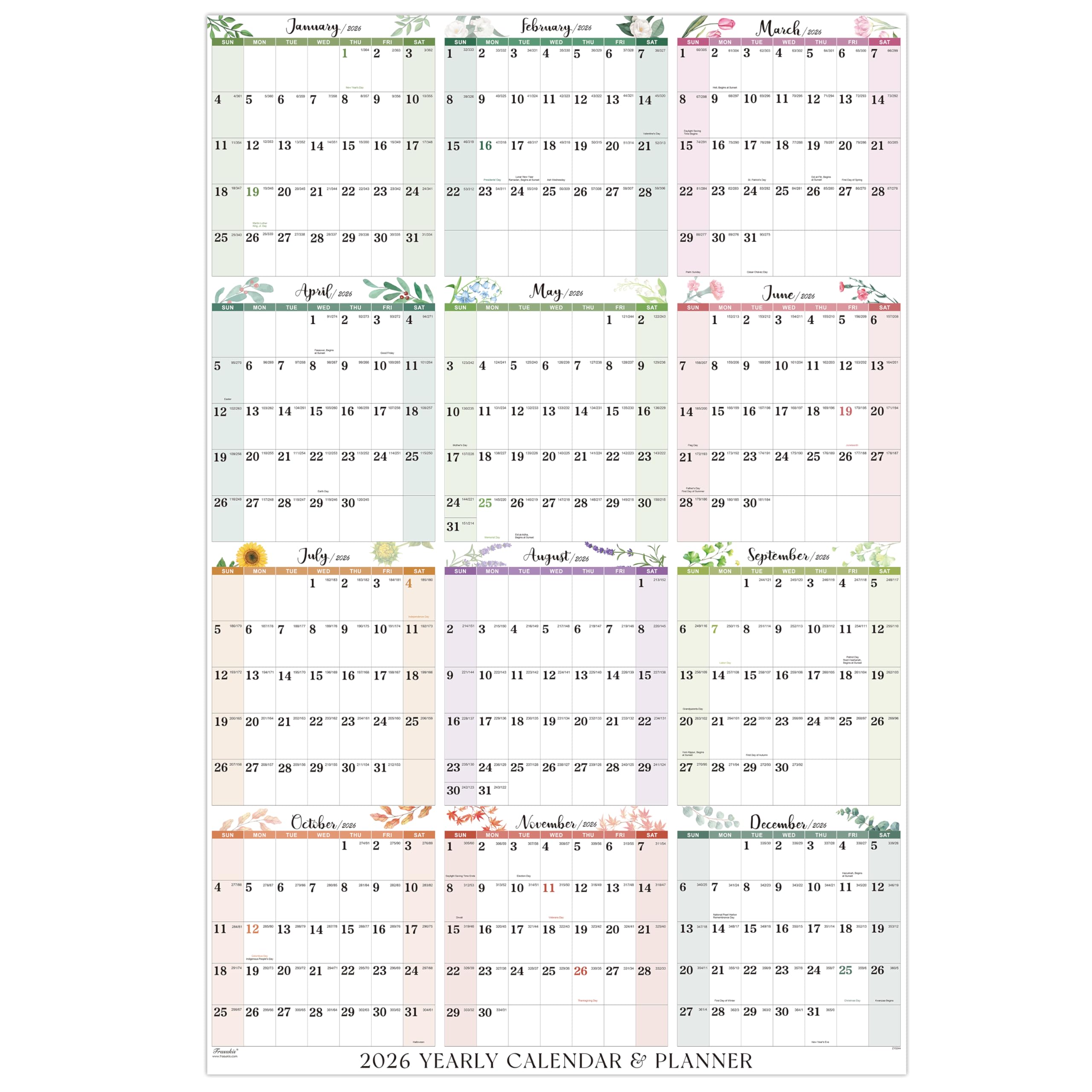 2026 Calendar - Wall Calendar 2026, Yearly Wall Calendar 2026, from Jan. 2026 to Dec. 2026, 22.8" x 34.3" (Open) with Julian Date, Thick Paper, Vertical, 10 Firm Round Sticker