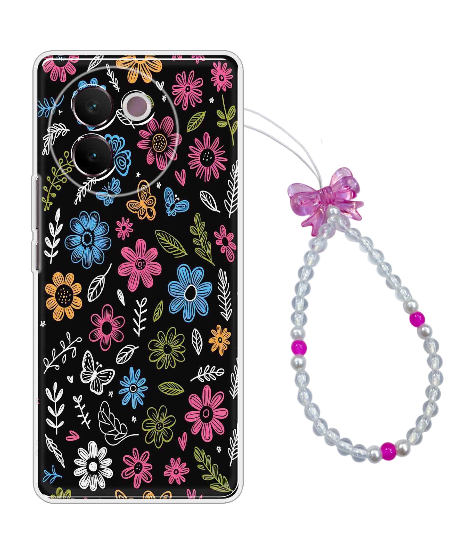 Printed Back Cover for Vivo V30e Back Cover Case with Phone Charm Chain Strap Beads & Pearls for Girls Stylish - Black Pink Small Flower Floral Design - D17248-image-11