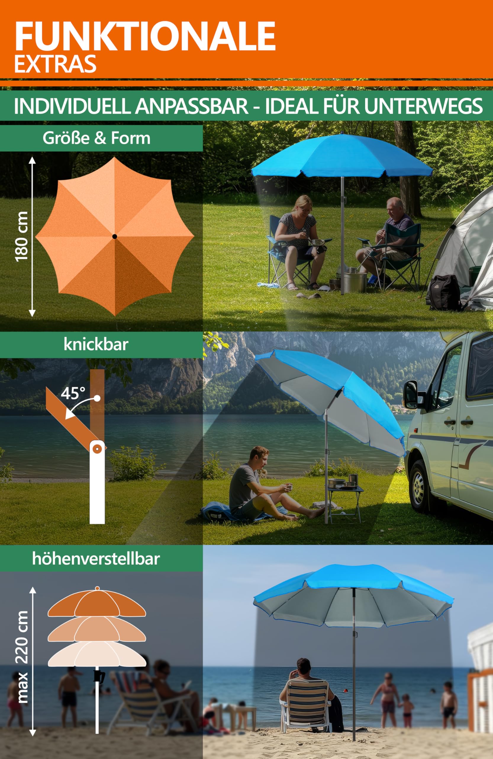 4smile Sonnenschirm Strand SunnyJoy 3-IN-1-SET, Fb. Blau - Strandschirm Ø 180 cm + Bodenhülse + Schutzhülle - Strandschirm windfest stabil, Sonnenschirm mit UV-Schutz 50+