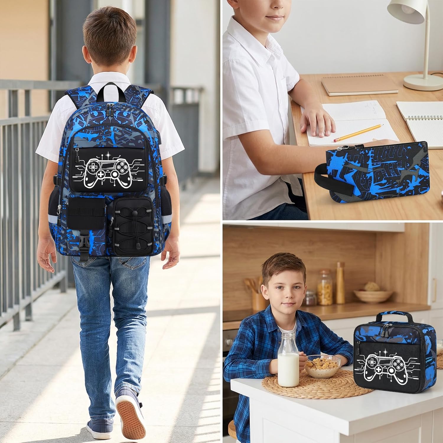 School Backpack for Boys - 4pcs Gamer Boys Backpack with Lunch Box Set for Kids Teens Elementary Middle High School,18″ Large Capacity Students Bookbag with Usb Charging Port & Key-chain