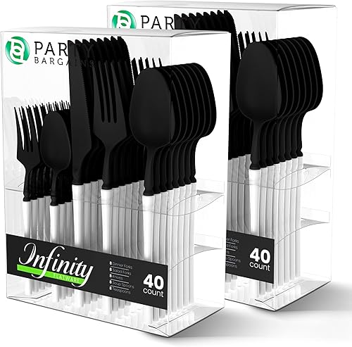 Party Bargains Juego de cubiertos desechables de plástico negro y blanco, utensilios de diseño moderno infinito, paquete de 80 32 tenedores, 16