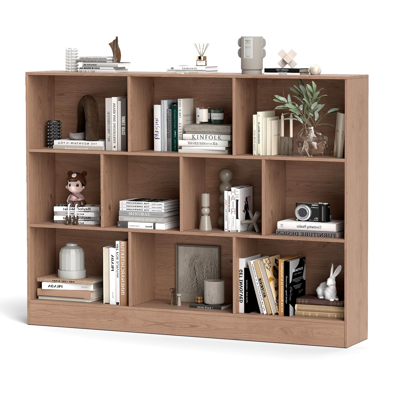KOMFOTTEU Estantería Abierta con 10 Compartimentos, Librería de 3 Niveles con Dispositivo Antivuelco, Mueble de Almacenamiento para Salón, Oficina (Natural, 140 x 24 x 104 cm)