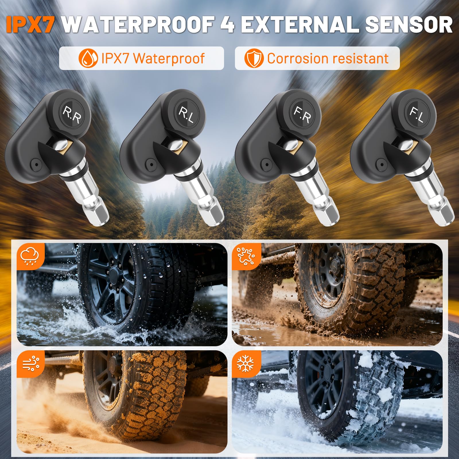 Sistema di monitoraggio della pressione dei pneumatici TPMS (0-6bar) con 4 sensori di pressione degli pneumatici integrati, 5 modalità di allarme (pressione di temperatura, ecc.), universale a