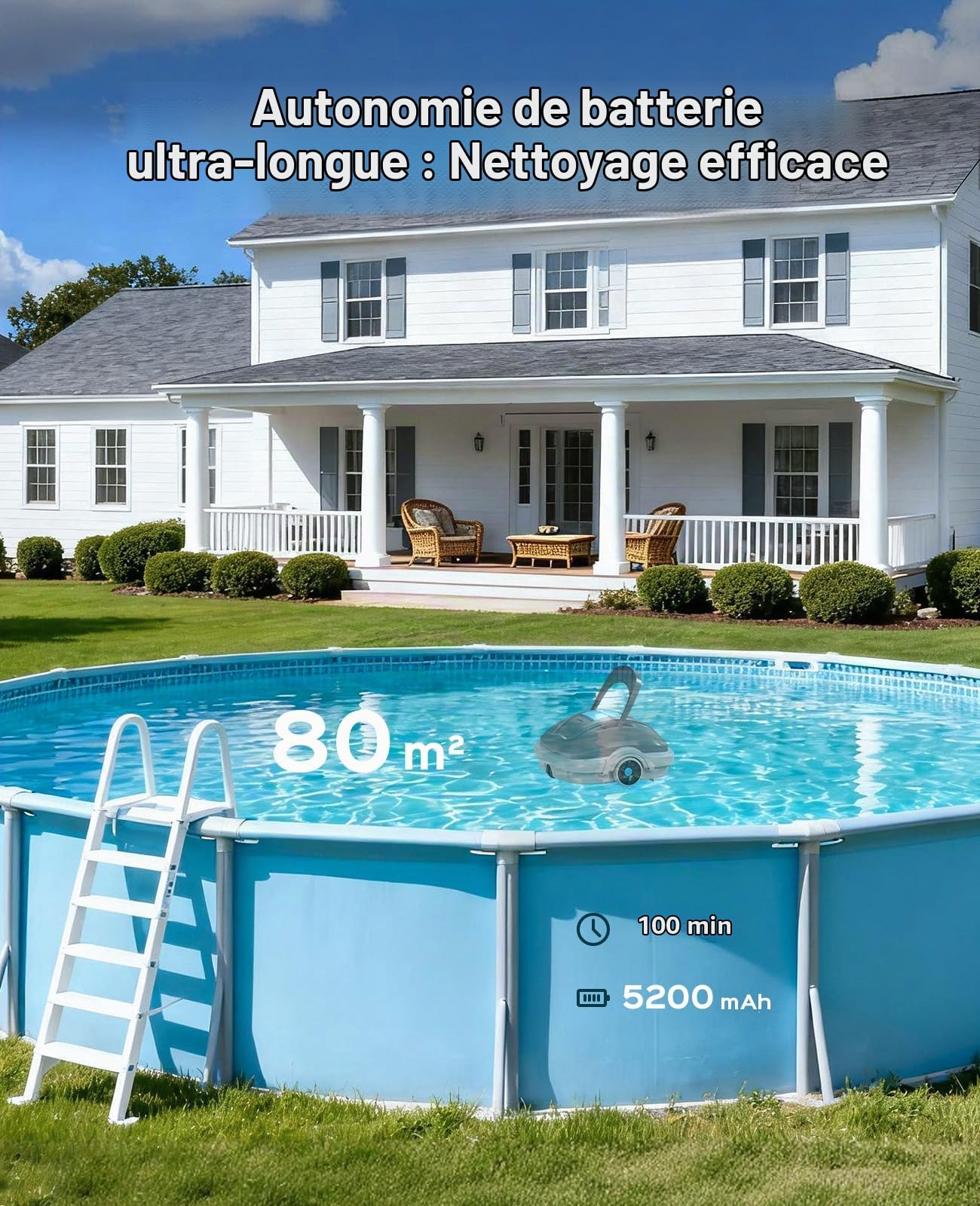 WINNY POOL CLEANER WY1102MAX Robot Piscine sans Fil,100 Min,Stationnement Automatique,Aspirateur Robot Piscine,Filtration 180 µm Aspiration Puissante Robot,pour Piscines Hors Sol 80m²-Gris foncé