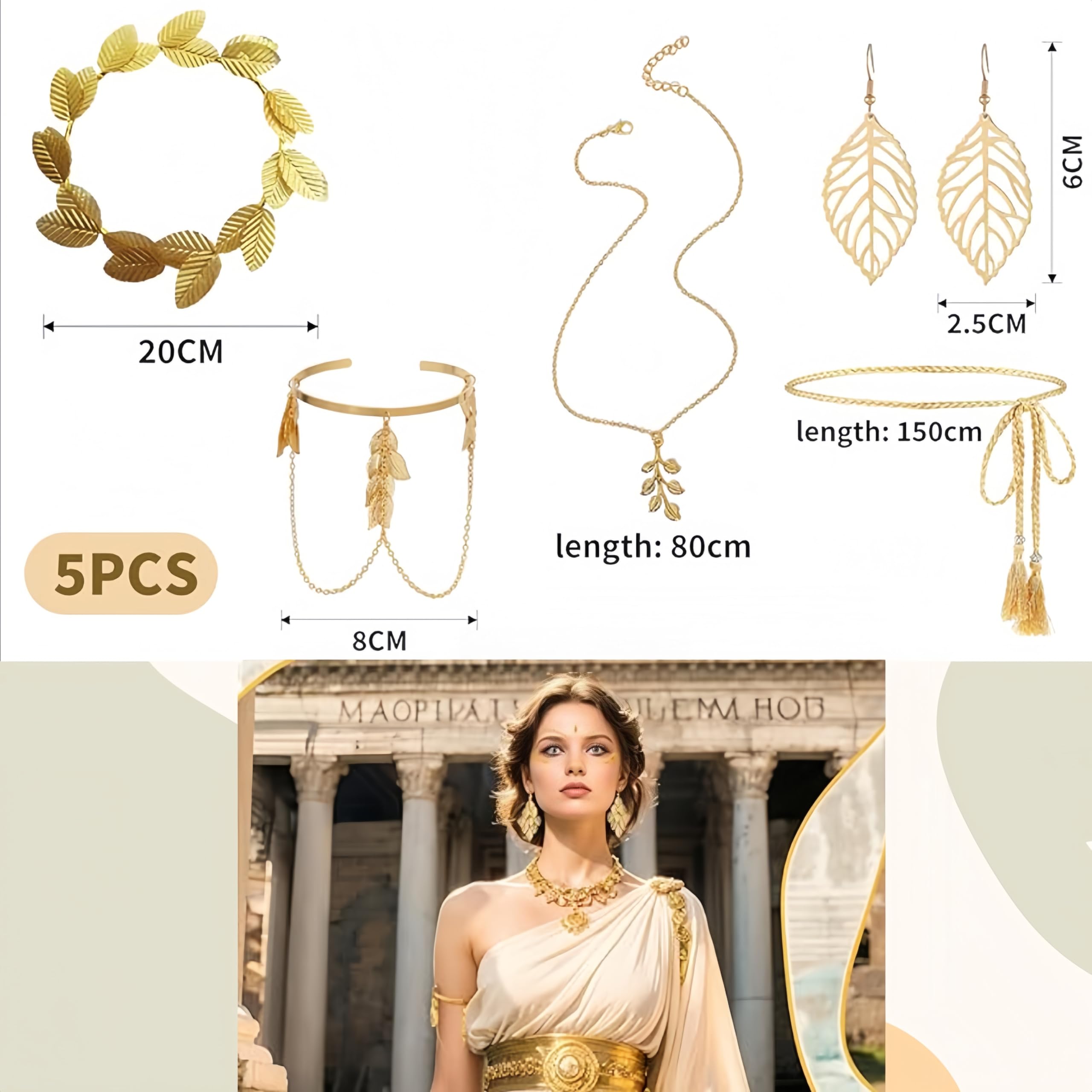 SDXCJY 5Pcs Greek Goddess Costume Accessories Set,Include Golden Laurel Leaf Headpiece, Tassel Waist Chain, Earrings - Image 2