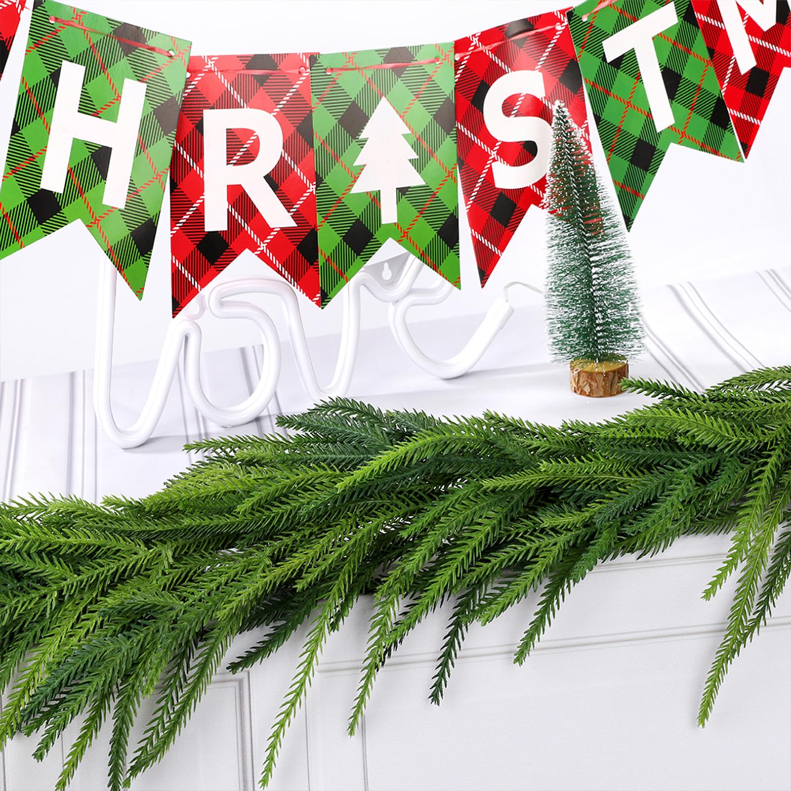 Guirnalda de Pino de Norfolk de Navidad Artificial, Guirnalda de Pino de Invierno de Tacto Real, Guirnaldas Verdes de Pino Falso para Mesa, Chimenea, Ventana, Decoración de (C)