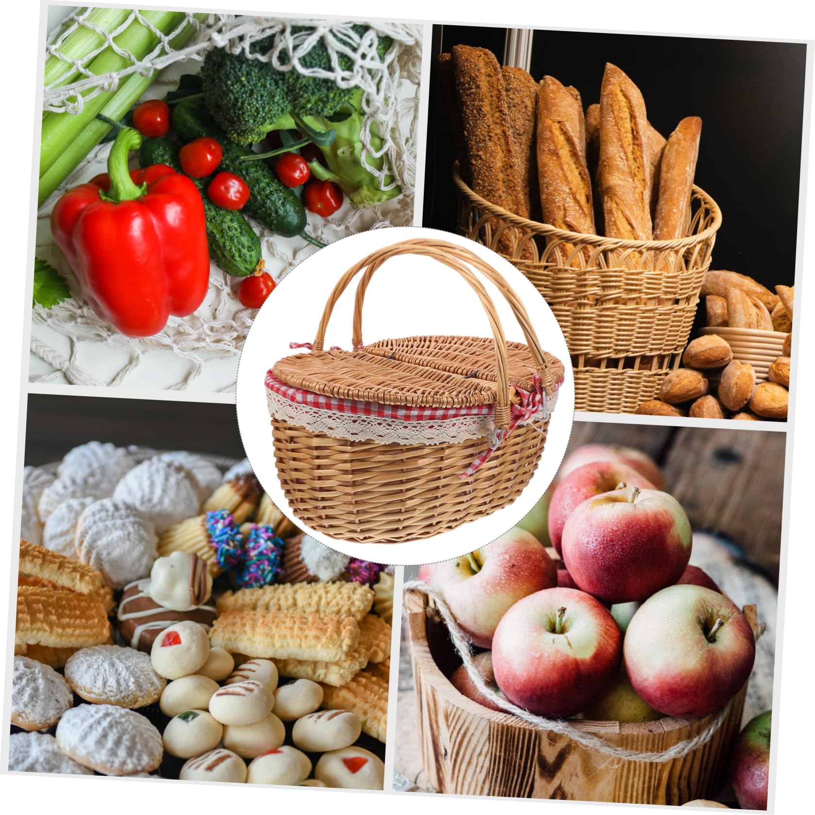 Alasum Cestino da Picnic Rustico Tessuto Naturale in Vimini con Coperchio e Doppia Maniglia per Campeggio e Conservazione di Alimenti Freschi